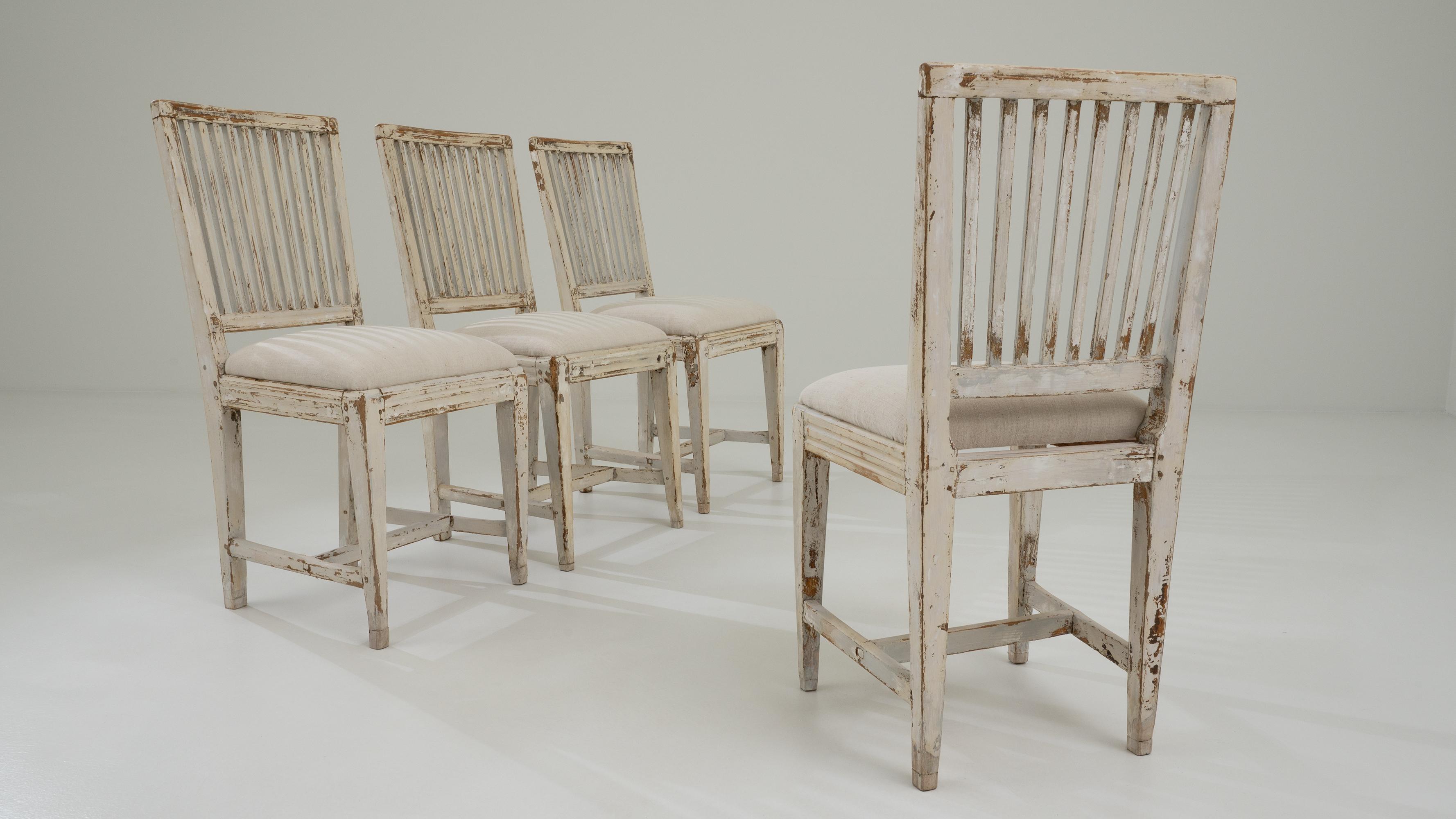 19th Century Swedish Country Wooden Upholstered Dining Chairs, Set of Four 3