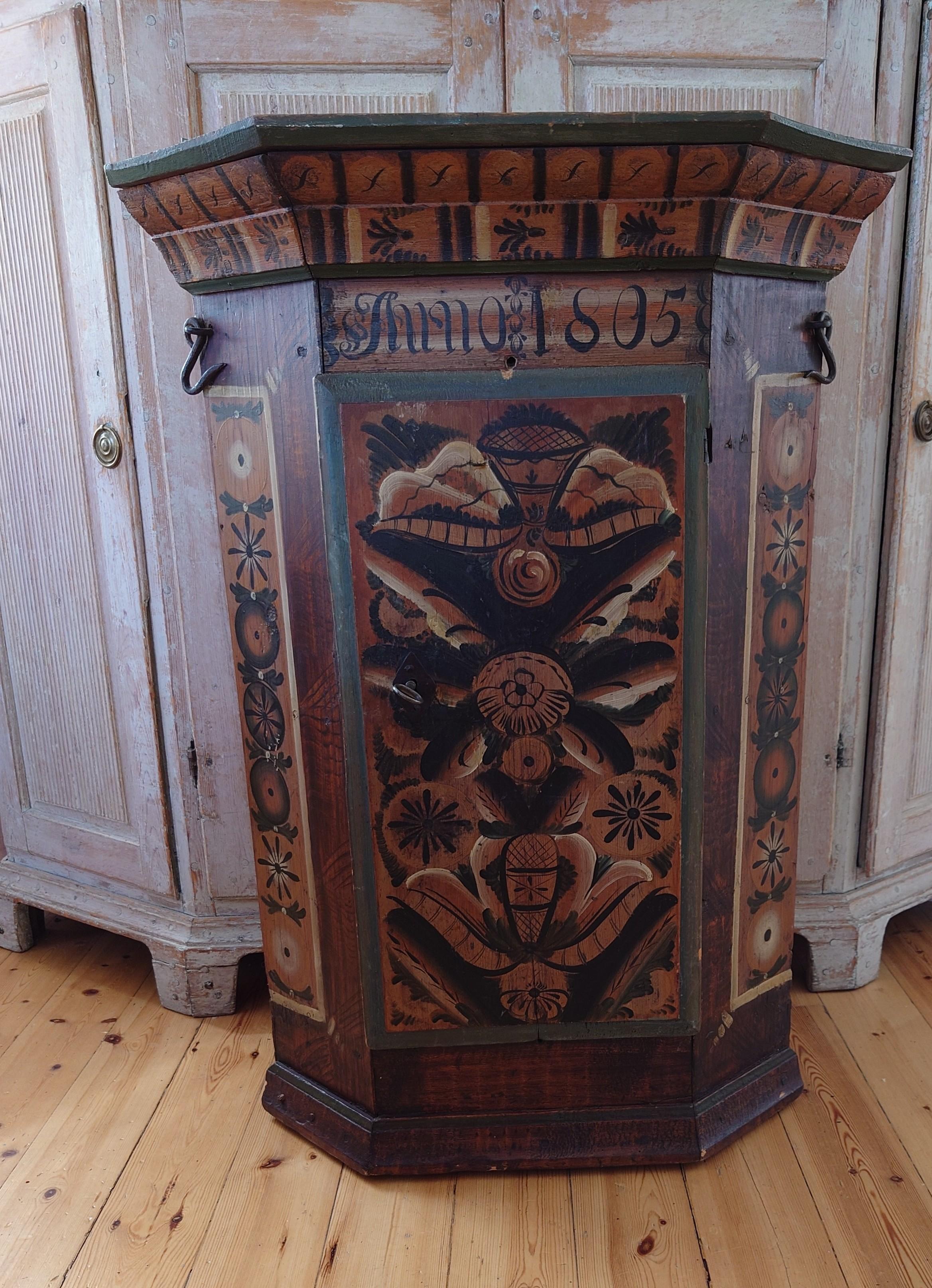 Painted 19th Century Swedish Dalarna Folk Art Cabinet dated 1805 with original paint For Sale