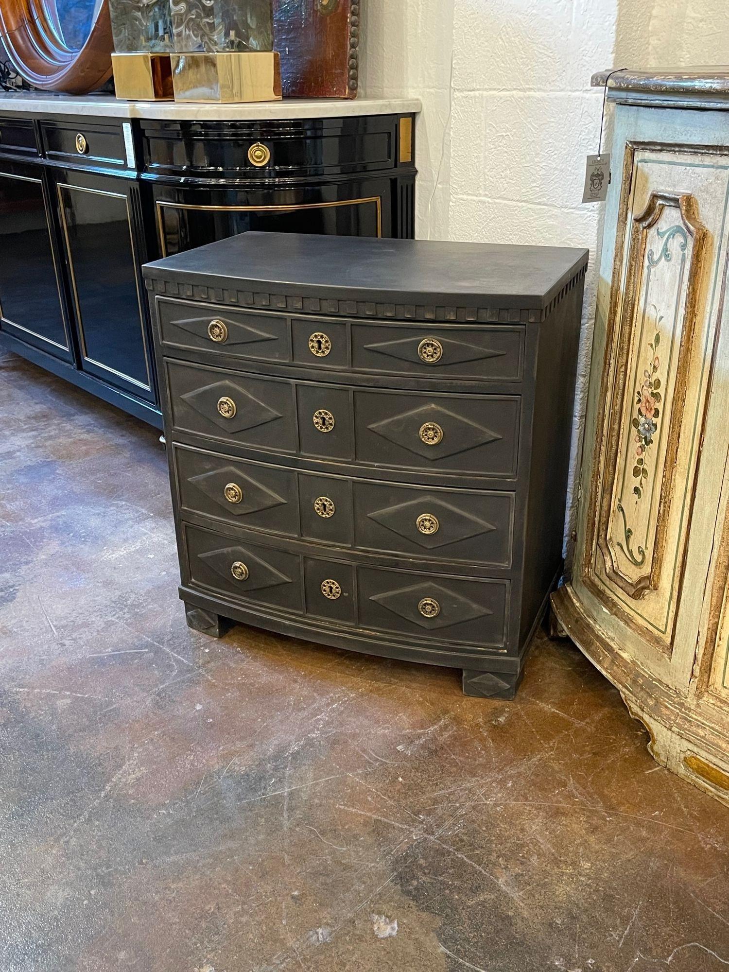 Beautiful 19th century Swedish Empire style painted black chest with decorative bronze hardware. This piece has nice carvings as well. Gorgeous for a variety of decors!