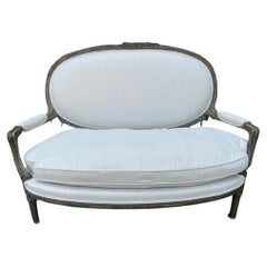19th Century Swedish Exposed Carved Wood Frame Sofa in White Bouclé Fabric