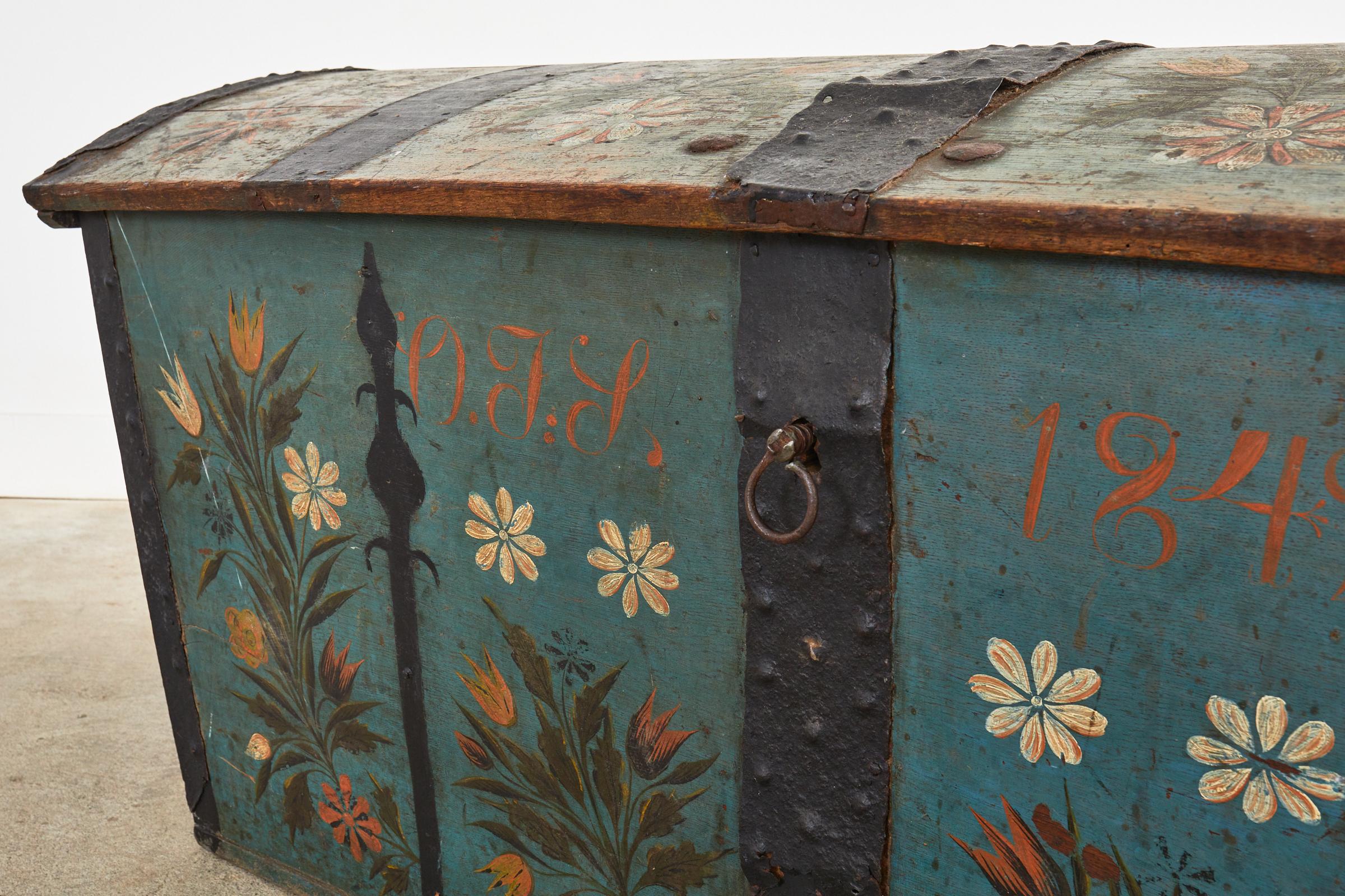 19th Century, Swedish Floral Painted Dome Top Wedding Trunk For Sale 9