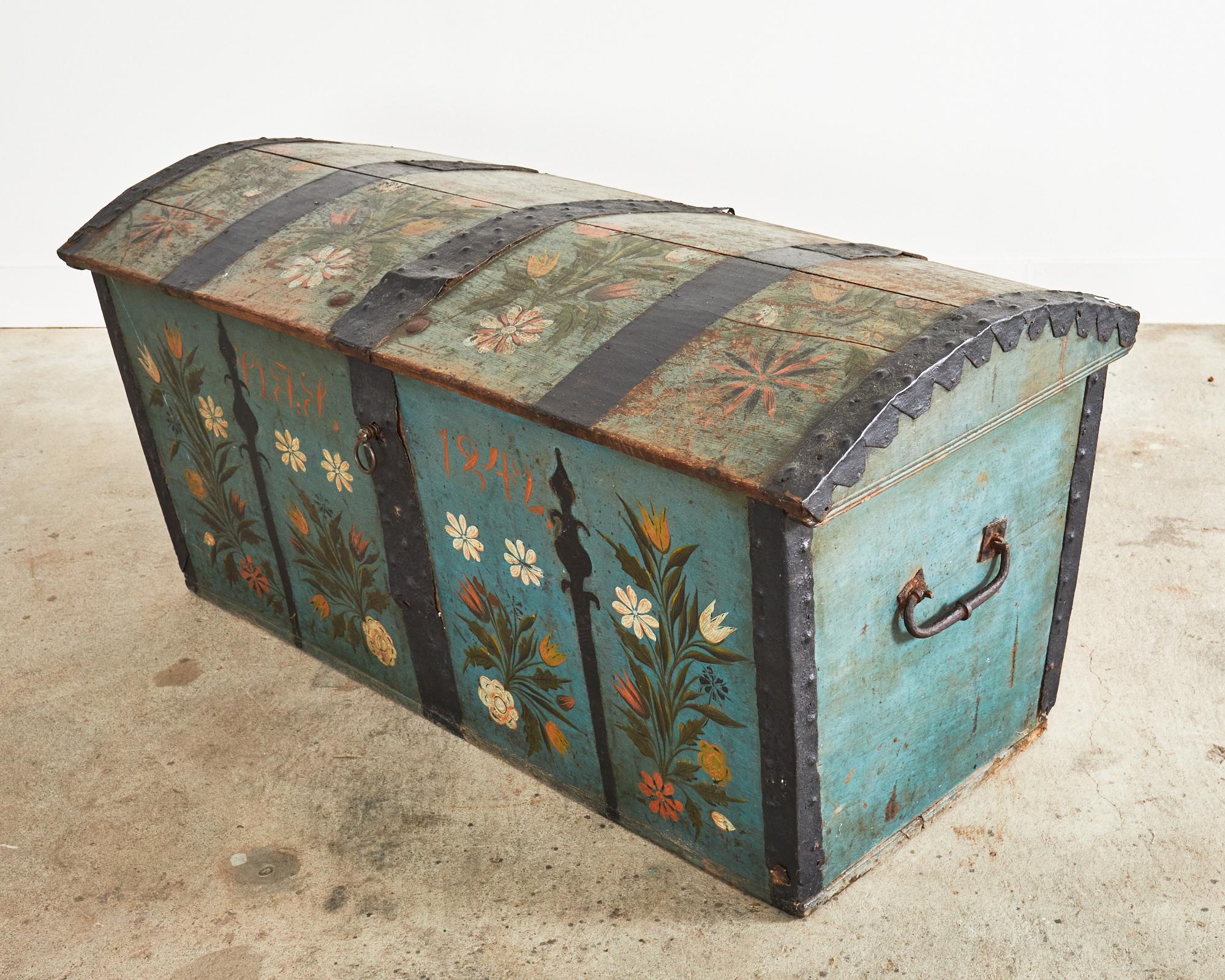 19th Century, Swedish Floral Painted Dome Top Wedding Trunk For Sale 11