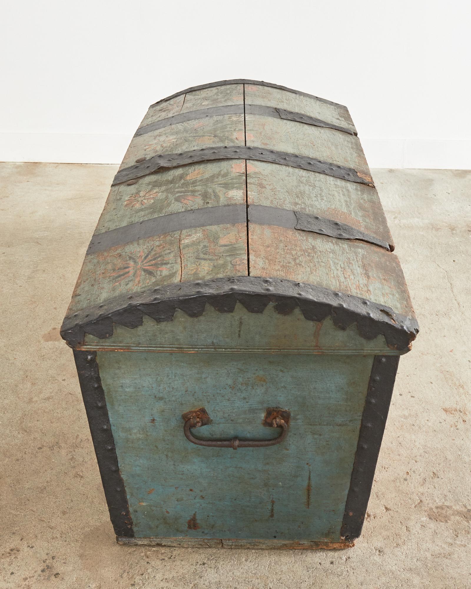 19th Century, Swedish Floral Painted Dome Top Wedding Trunk For Sale 12