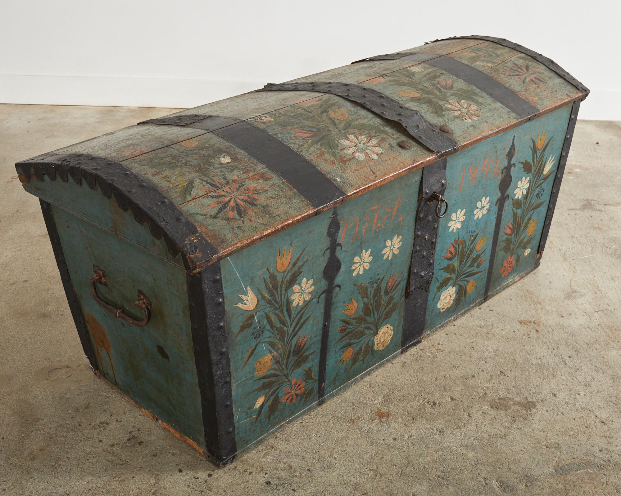 19th Century, Swedish Floral Painted Dome Top Wedding Trunk For Sale 14