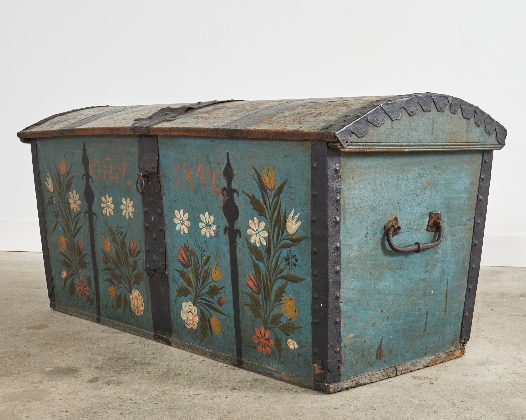 Folk Art 19th Century, Swedish Floral Painted Dome Top Wedding Trunk For Sale