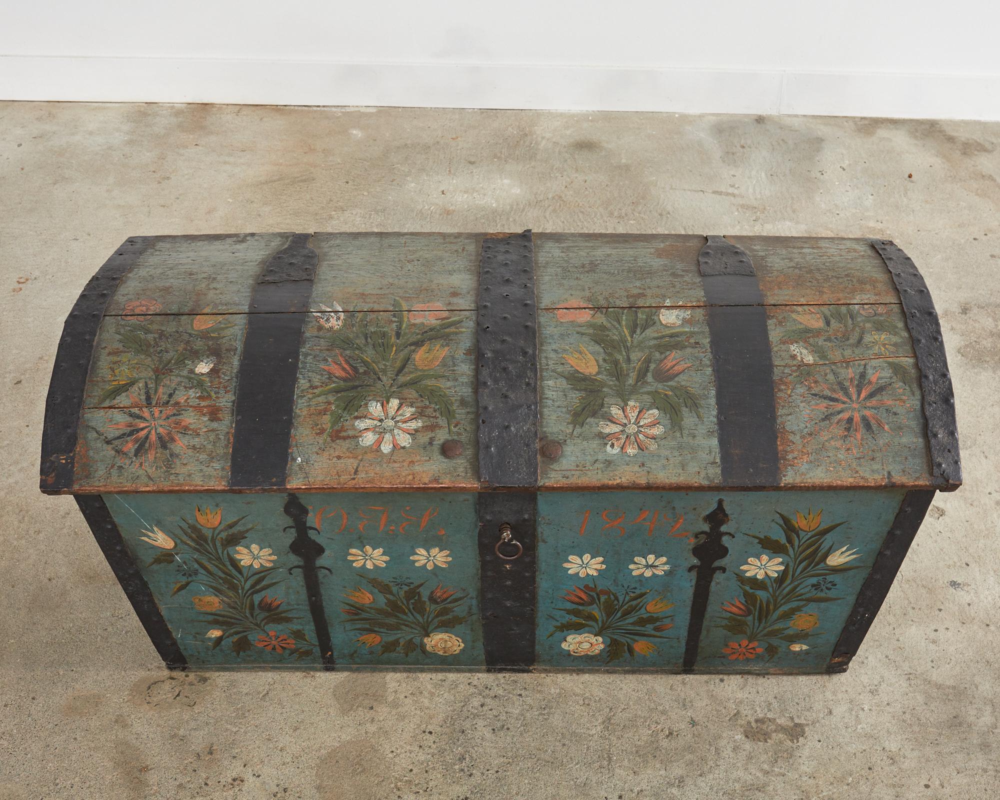 19th Century, Swedish Floral Painted Dome Top Wedding Trunk In Distressed Condition For Sale In Rio Vista, CA