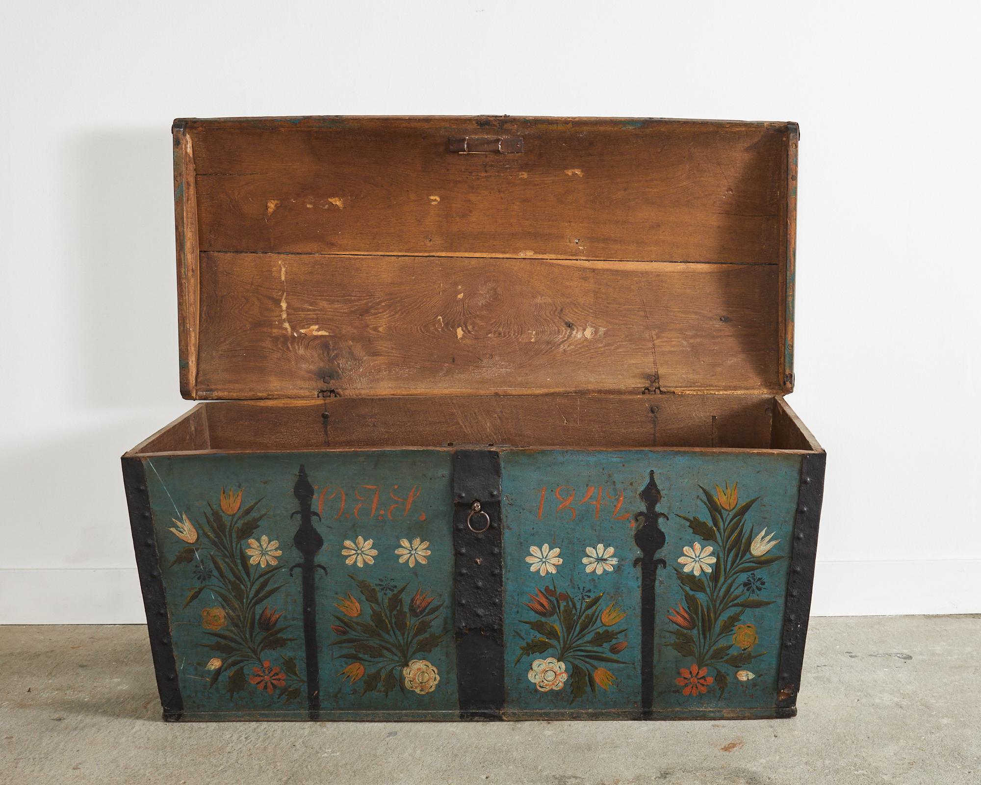 19th Century, Swedish Floral Painted Dome Top Wedding Trunk For Sale 2