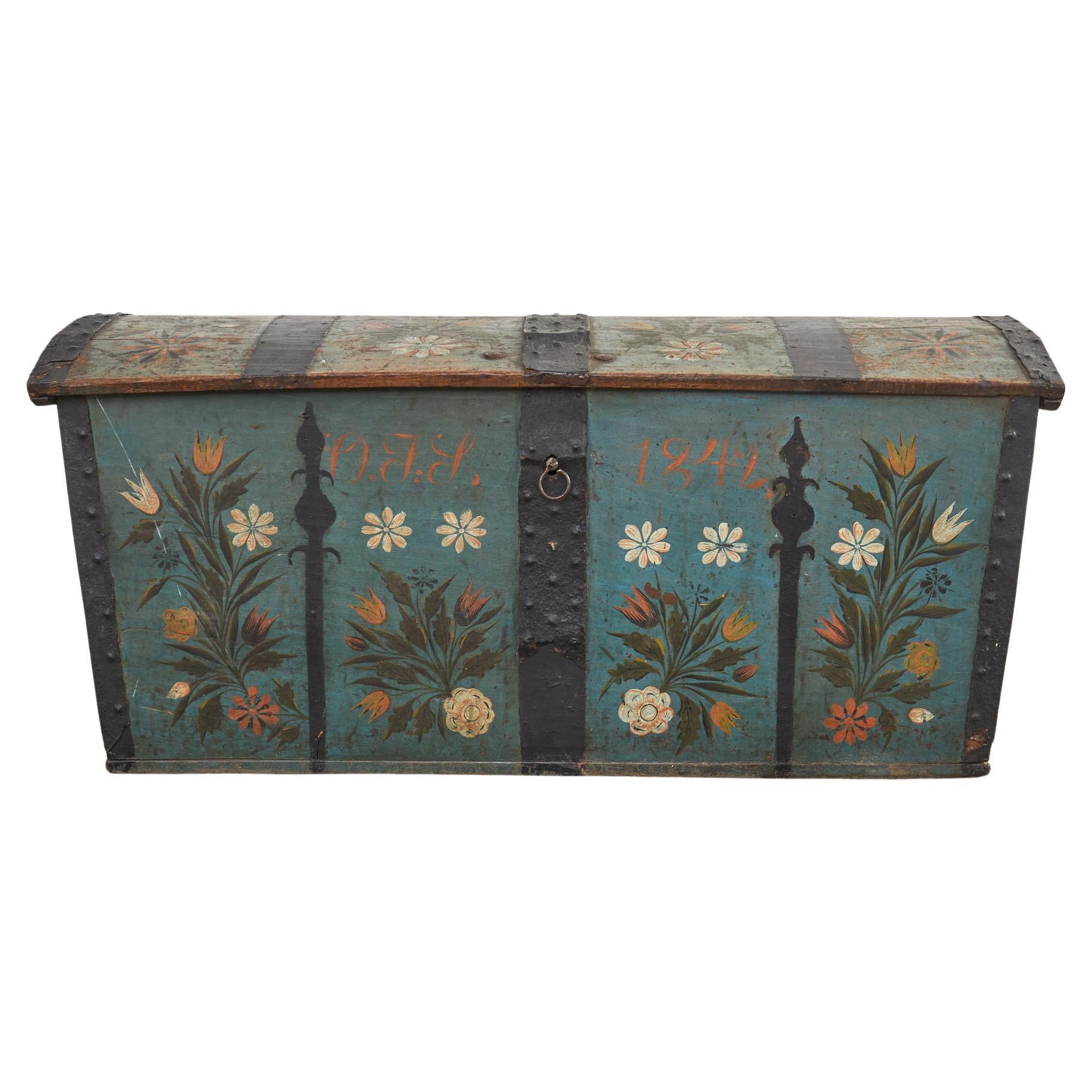 19th Century, Swedish Floral Painted Dome Top Wedding Trunk For Sale