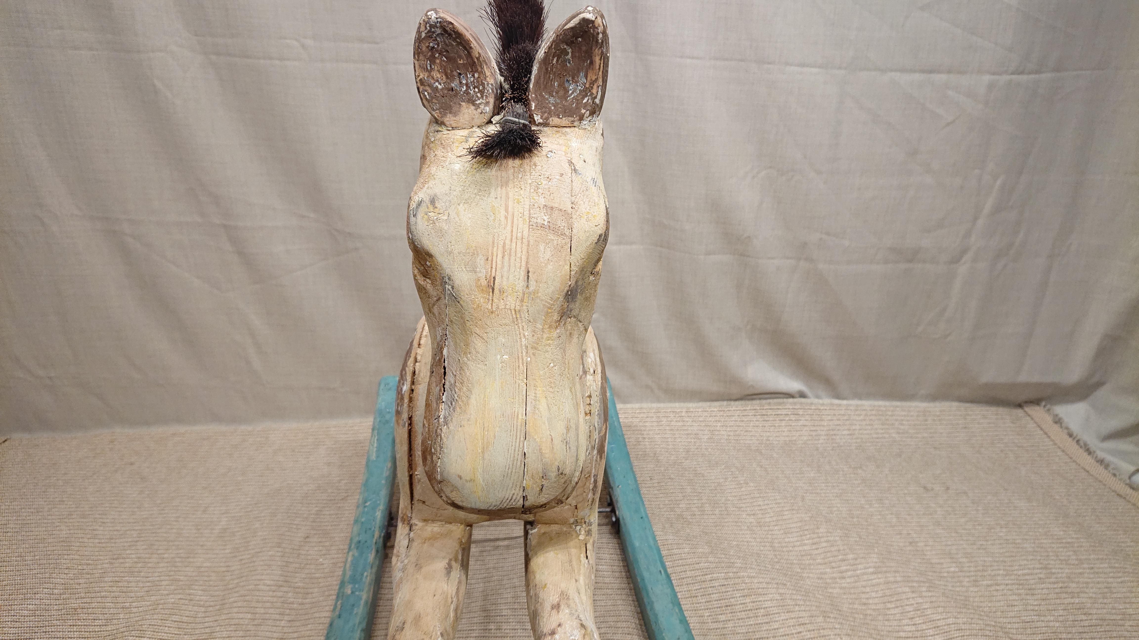 19th Century Swedish Folk Art Antique Rocking Horse Toy Trace of Original Paint In Good Condition For Sale In Boden, SE