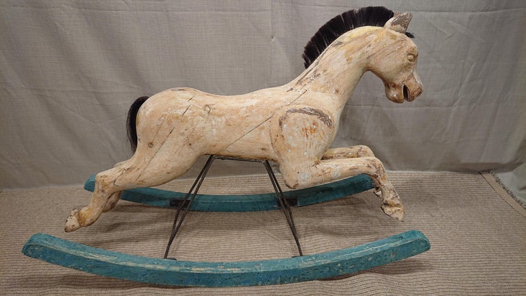 19th Century Swedish Folk Art Antique Rocking Horse Toy Trace of Original Paint For Sale 2