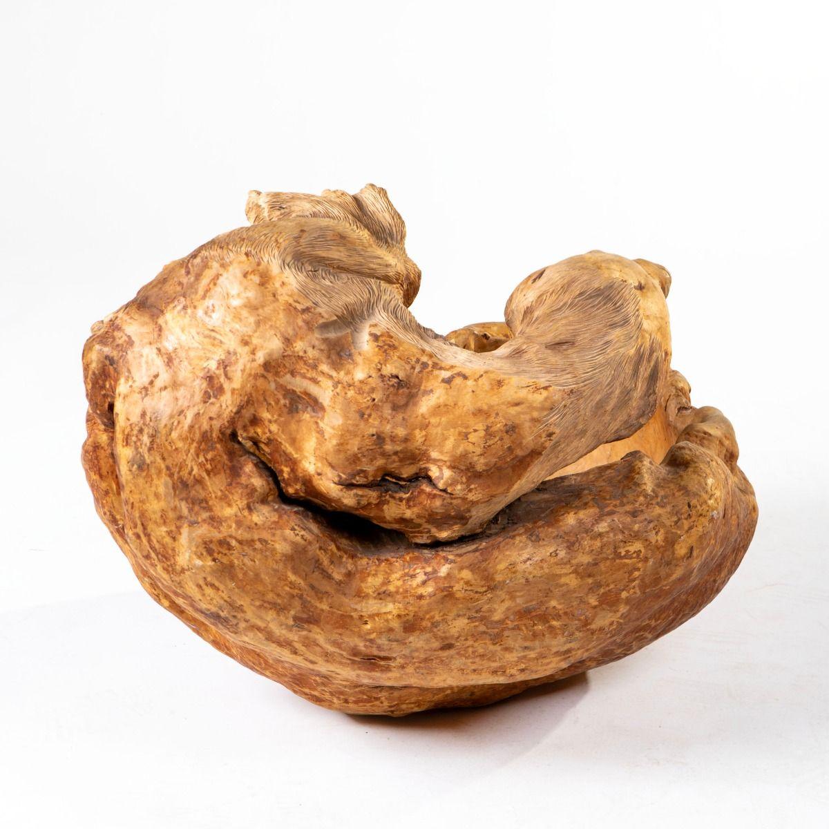 19th Century Swedish Folk Art Birch Root Bowl with Carved Dog’s Head, Signed T.S For Sale 1