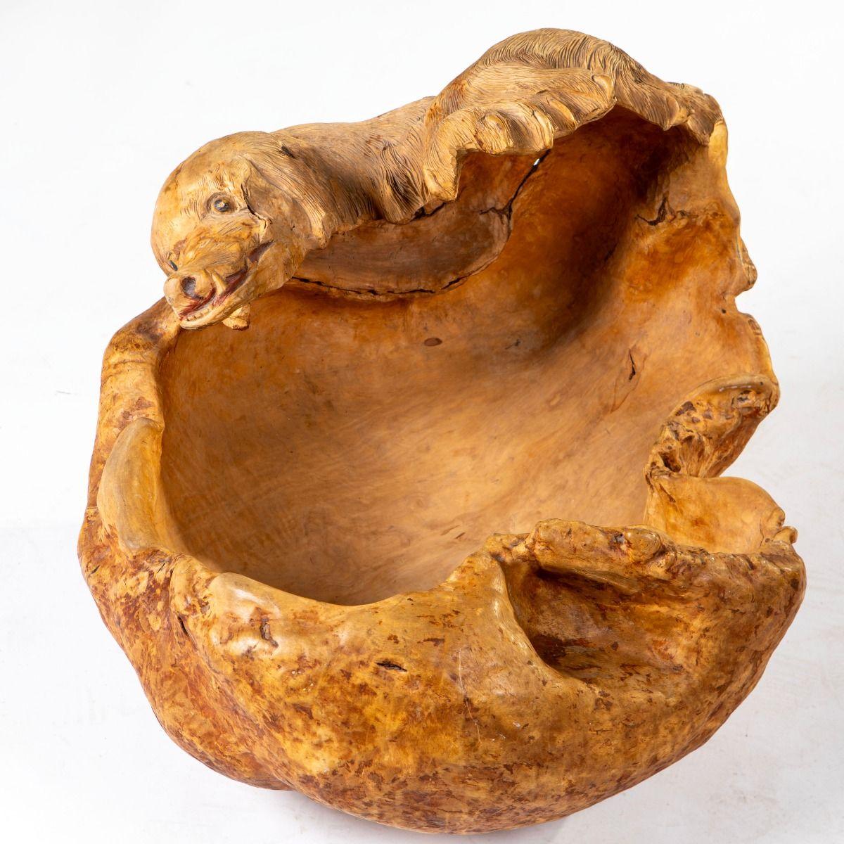 19th Century Swedish Folk Art Birch Root Bowl with Carved Dog’s Head, Signed T.S For Sale 2