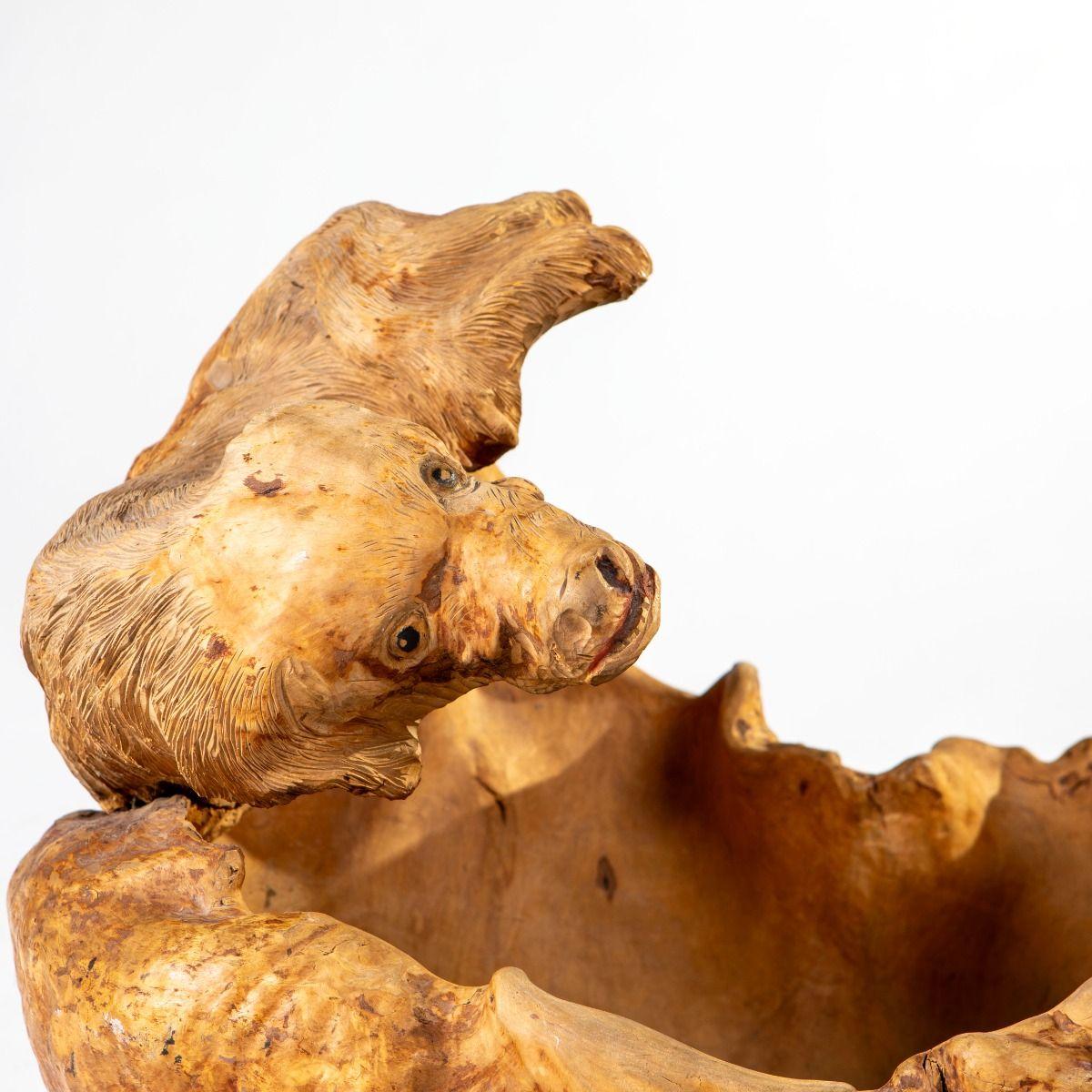 19th Century Swedish Folk Art Birch Root Bowl with Carved Dog’s Head, Signed T.S For Sale 3