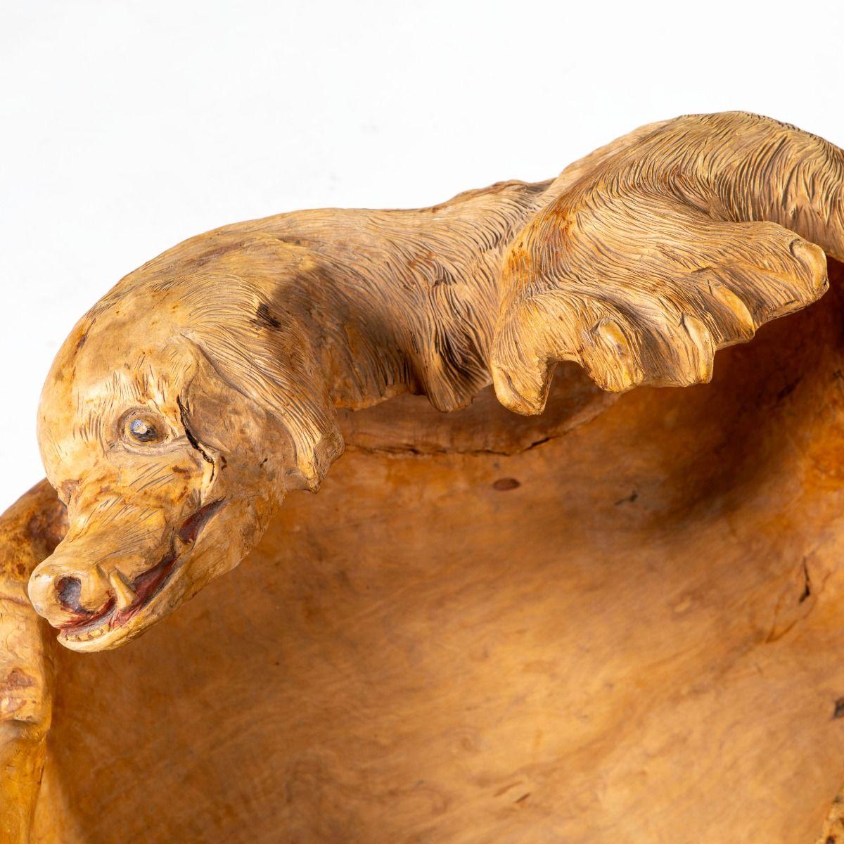 19th Century Swedish Folk Art Birch Root Bowl with Carved Dog’s Head, Signed T.S For Sale 4