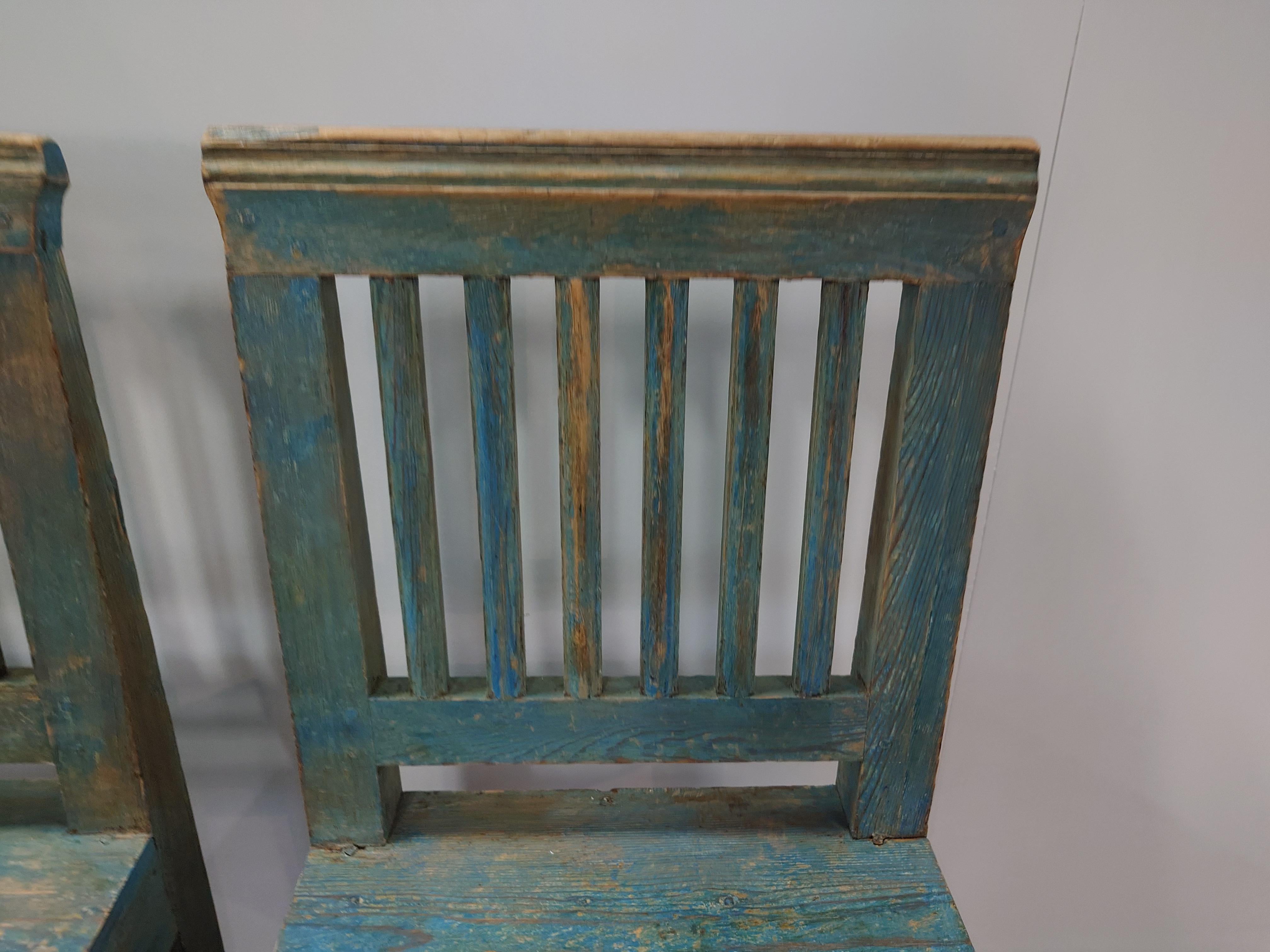  A pair of similar 19th century Swedish country chairs. Very slight difference  with great patina ,see pictures

Scraped by hand to its  beautiful blue original  color.
Such nice extra extra chairs to bring out to the guests or on each side of a