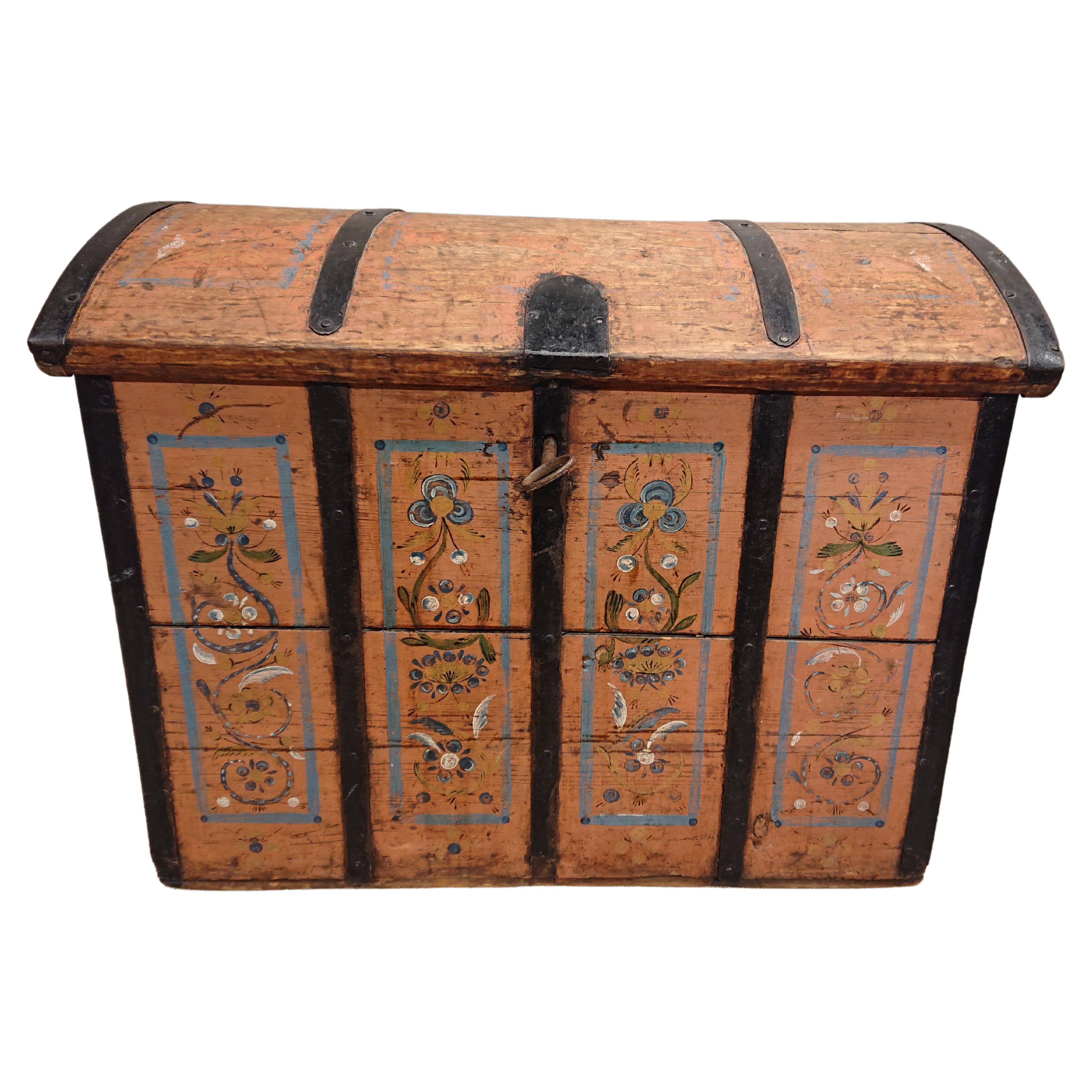 19th Century Swedish Folk Art Chest with Original Floral Paint Dated 1833 For Sale
