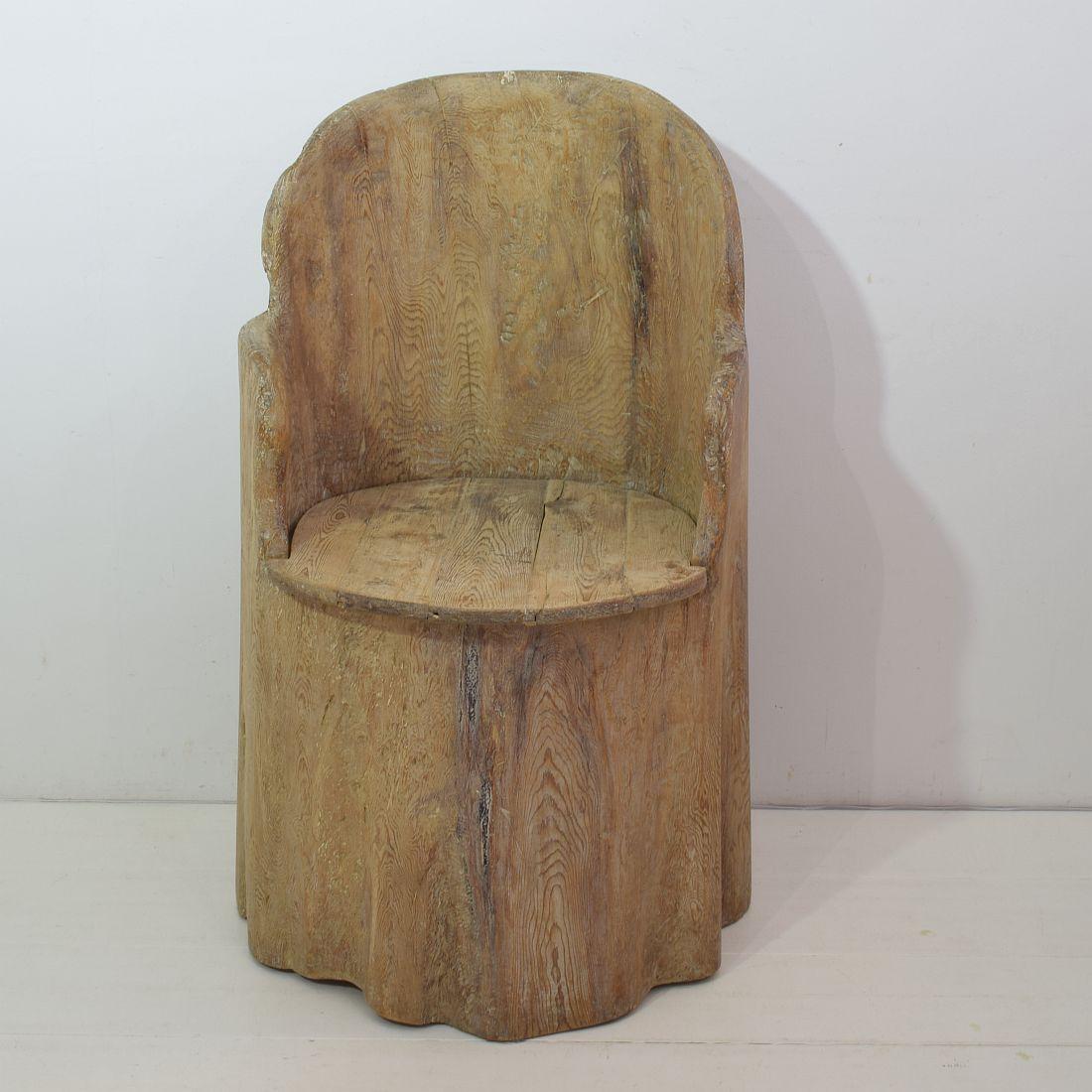 Wonderful and rare Swedish dug out pine tree chair.
Made out of a substantial tree. Great form and patina,
Sweden, circa 1850-1900
Weathered, small losses and small old repair.