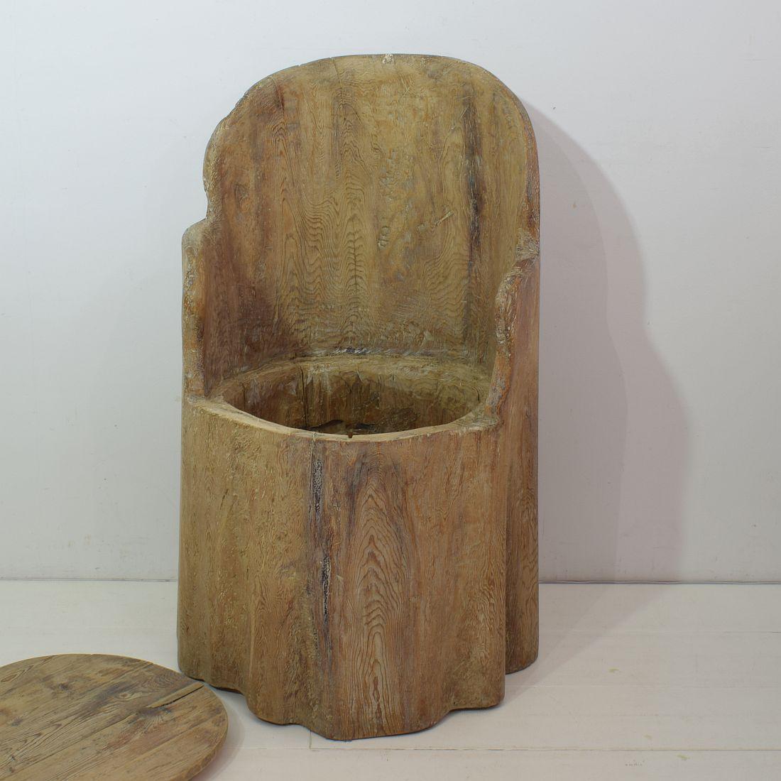 Wood 19th Century Swedish Folk Art Dug Out Pine Tree Chair