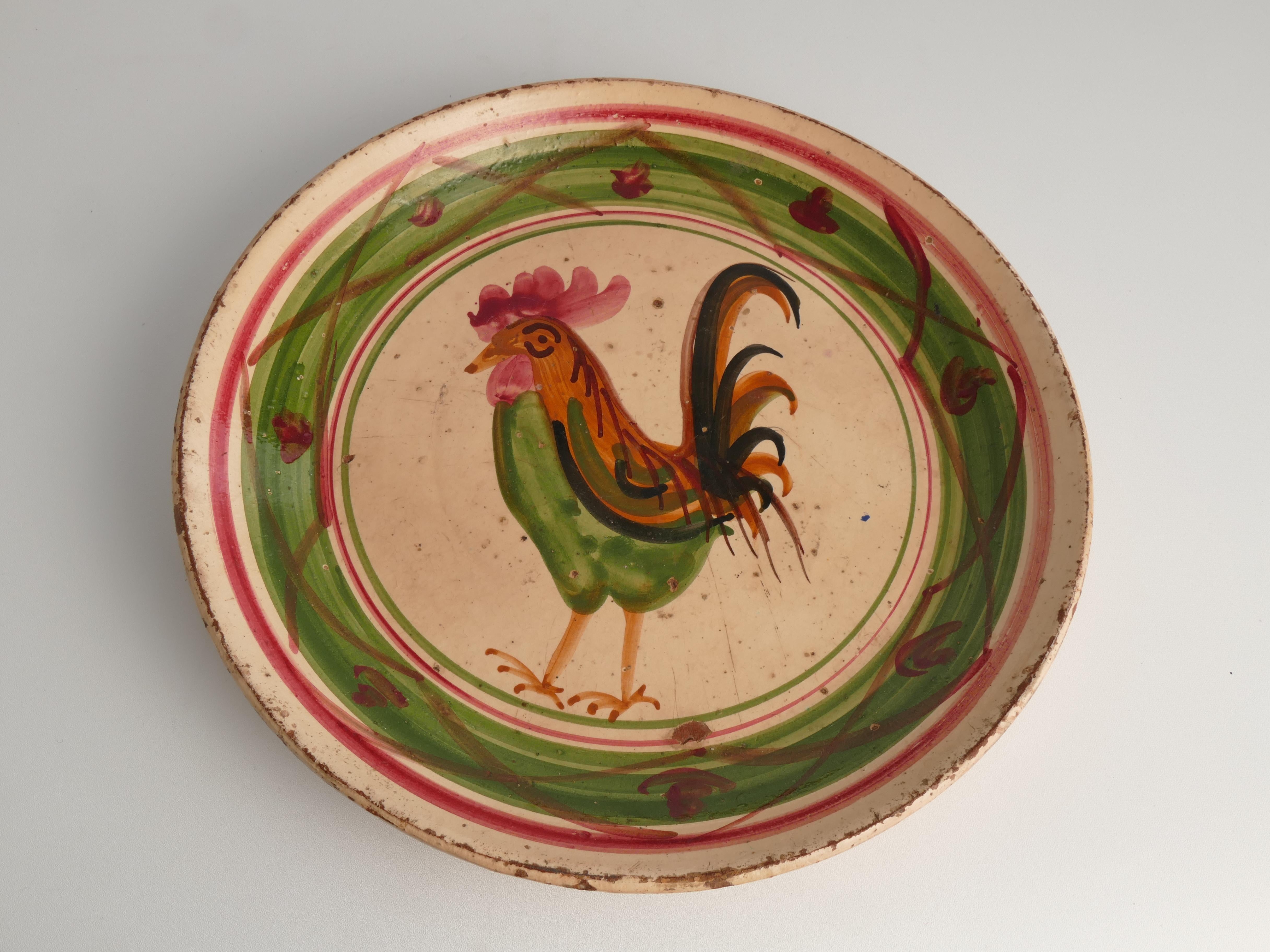 Glazed 19th Century Swedish Folk Art Milk Bowl with Rooster Motif in Red, Green, and Br For Sale