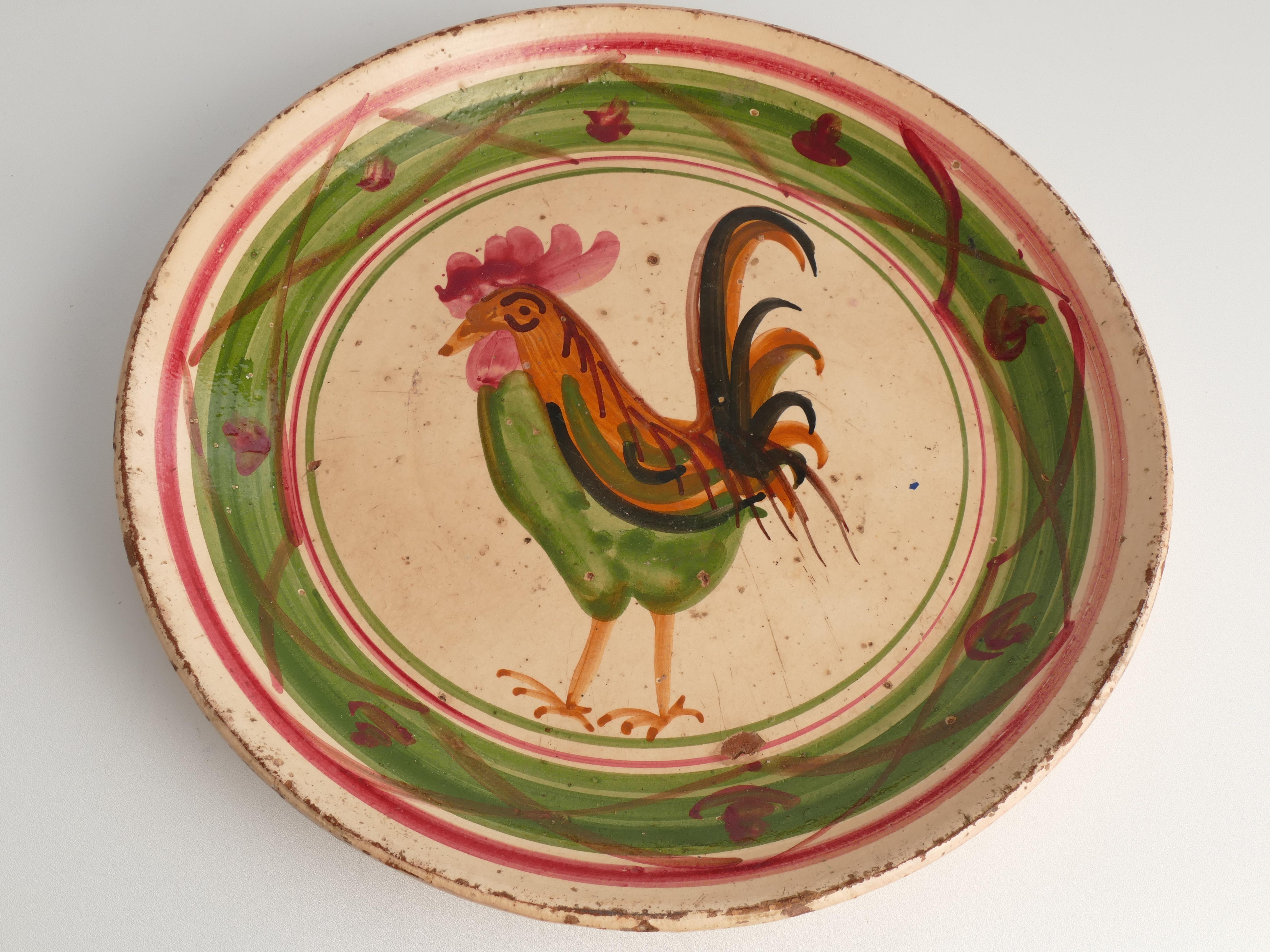19th Century Swedish Folk Art Milk Bowl with Rooster Motif in Red, Green, and Br For Sale 1
