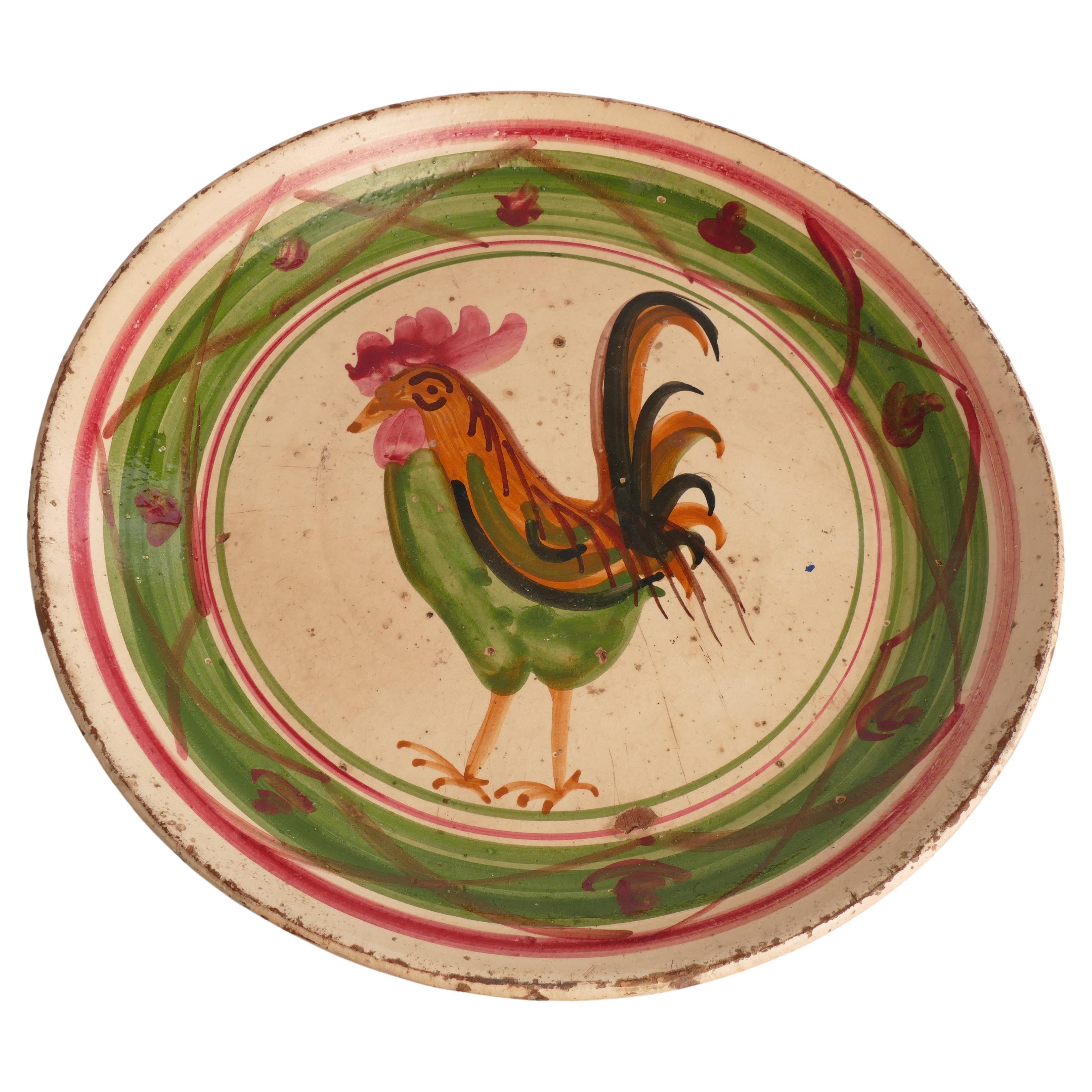 19th Century Swedish Folk Art Milk Bowl with Rooster Motif in Red, Green, and Br For Sale