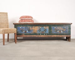 19th Century Swedish Folk Art Painted Pine Blanket Chest Trunk 6 Ft