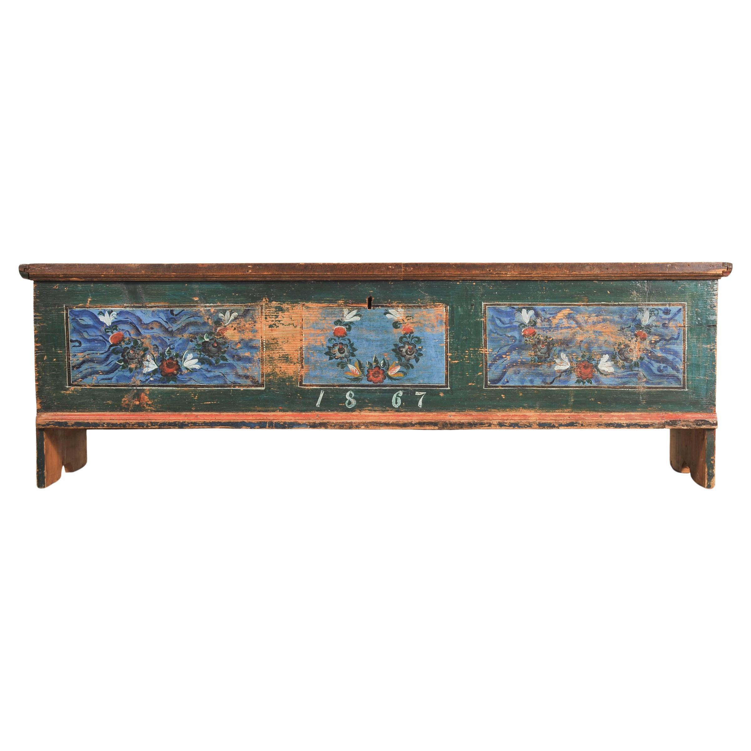 19th Century Swedish Folk Art Painted Pine Blanket Chest Trunk 6 Ft