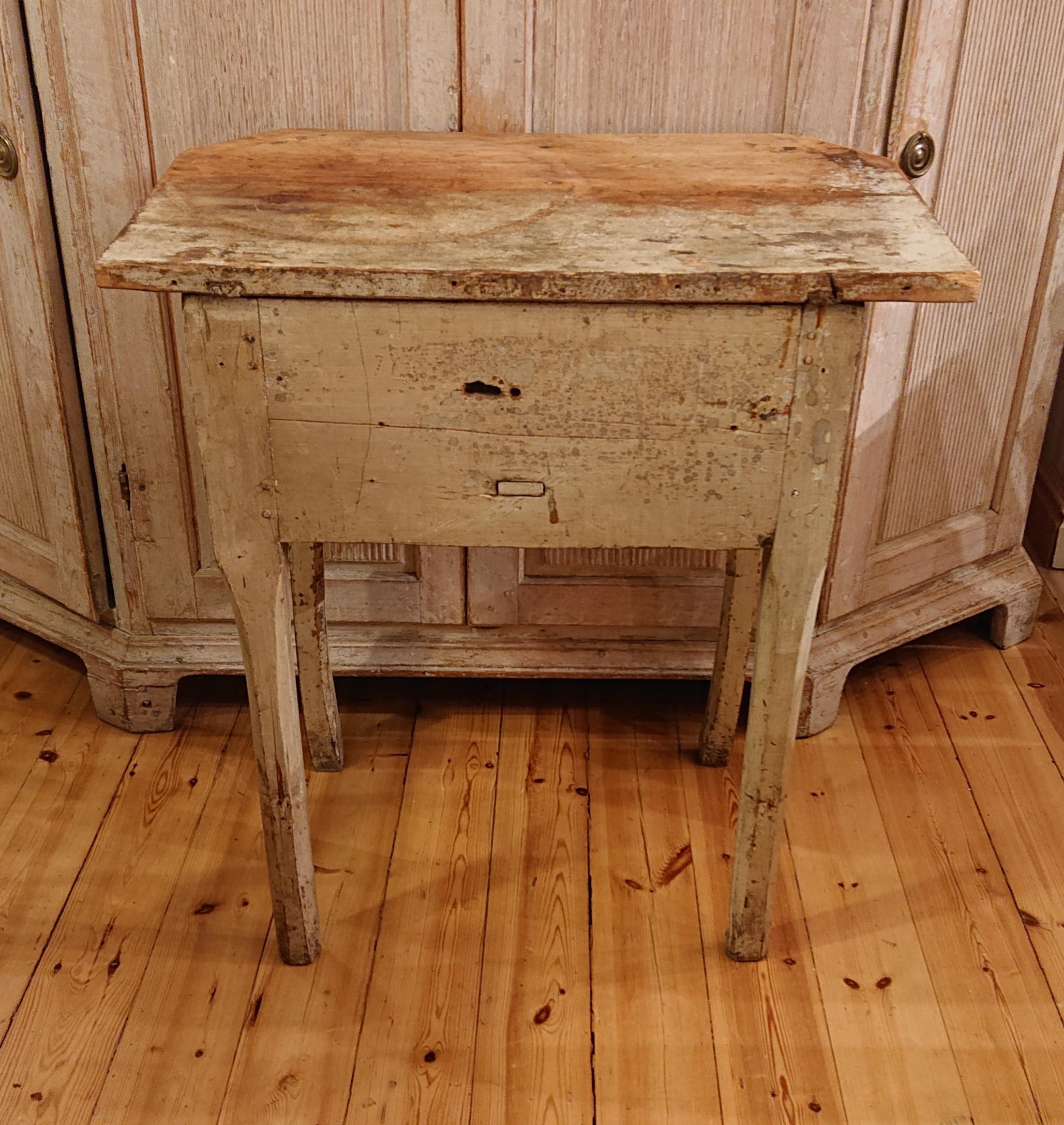 Hand-Carved 19th Century Swedish Folk Art Table with Drawer & Original Paint Antiques For Sale