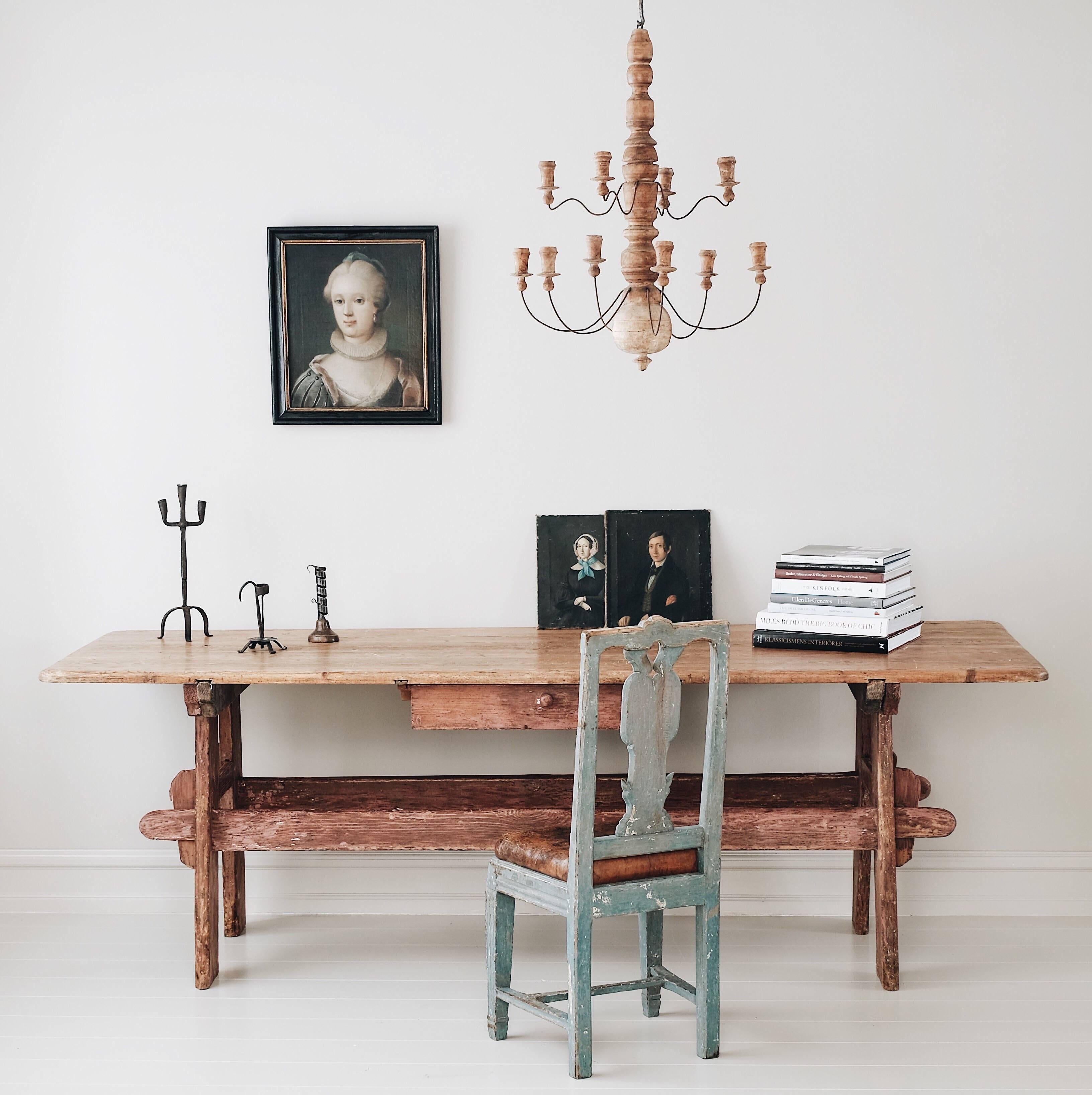A very good 19th century Swedish Folk Art trestle table in its original finish with one drawer, circa 1800.