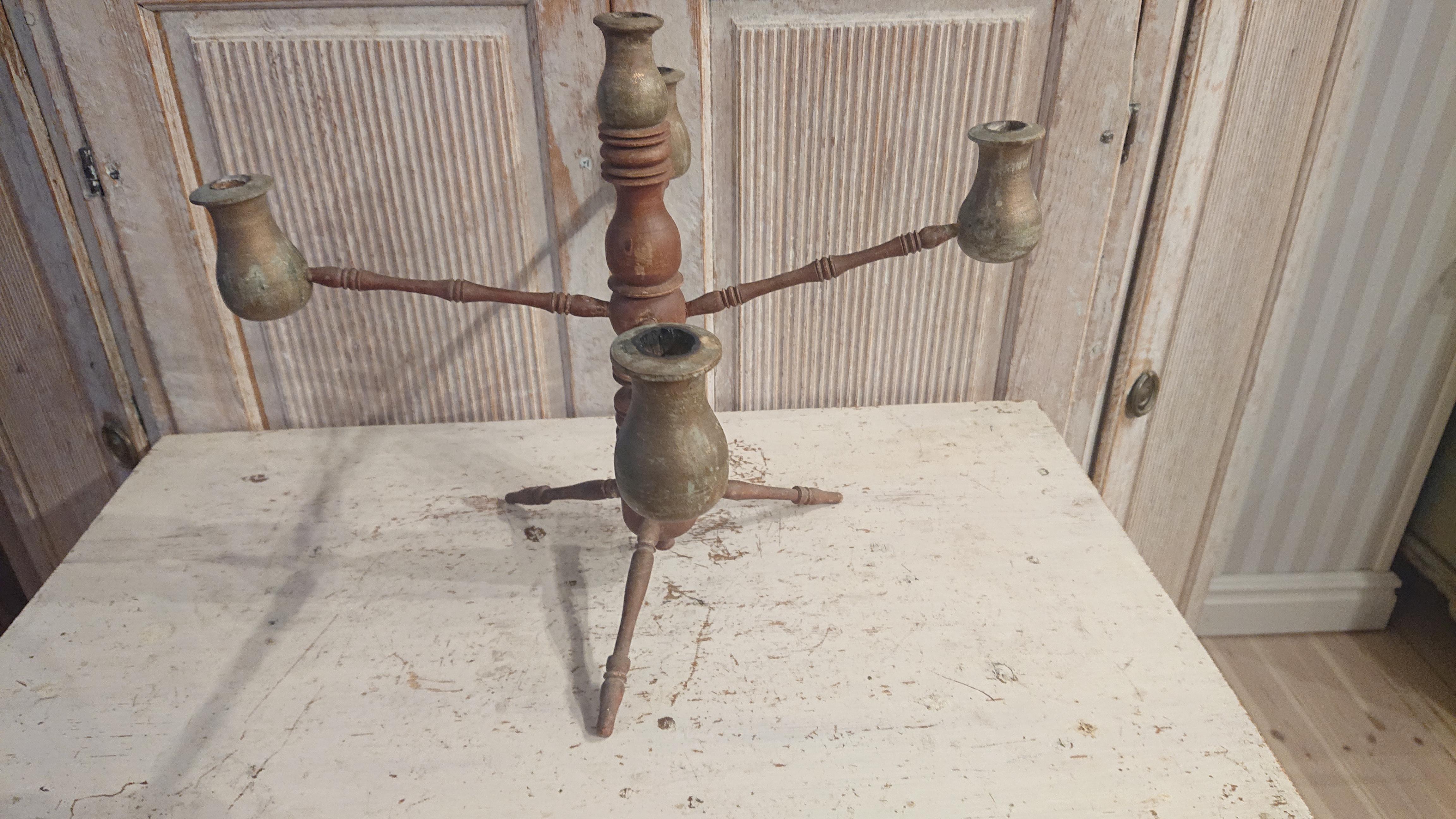 19th Century Swedish Folk Art Wooden Candelabra with Untouched Original Paint For Sale 6