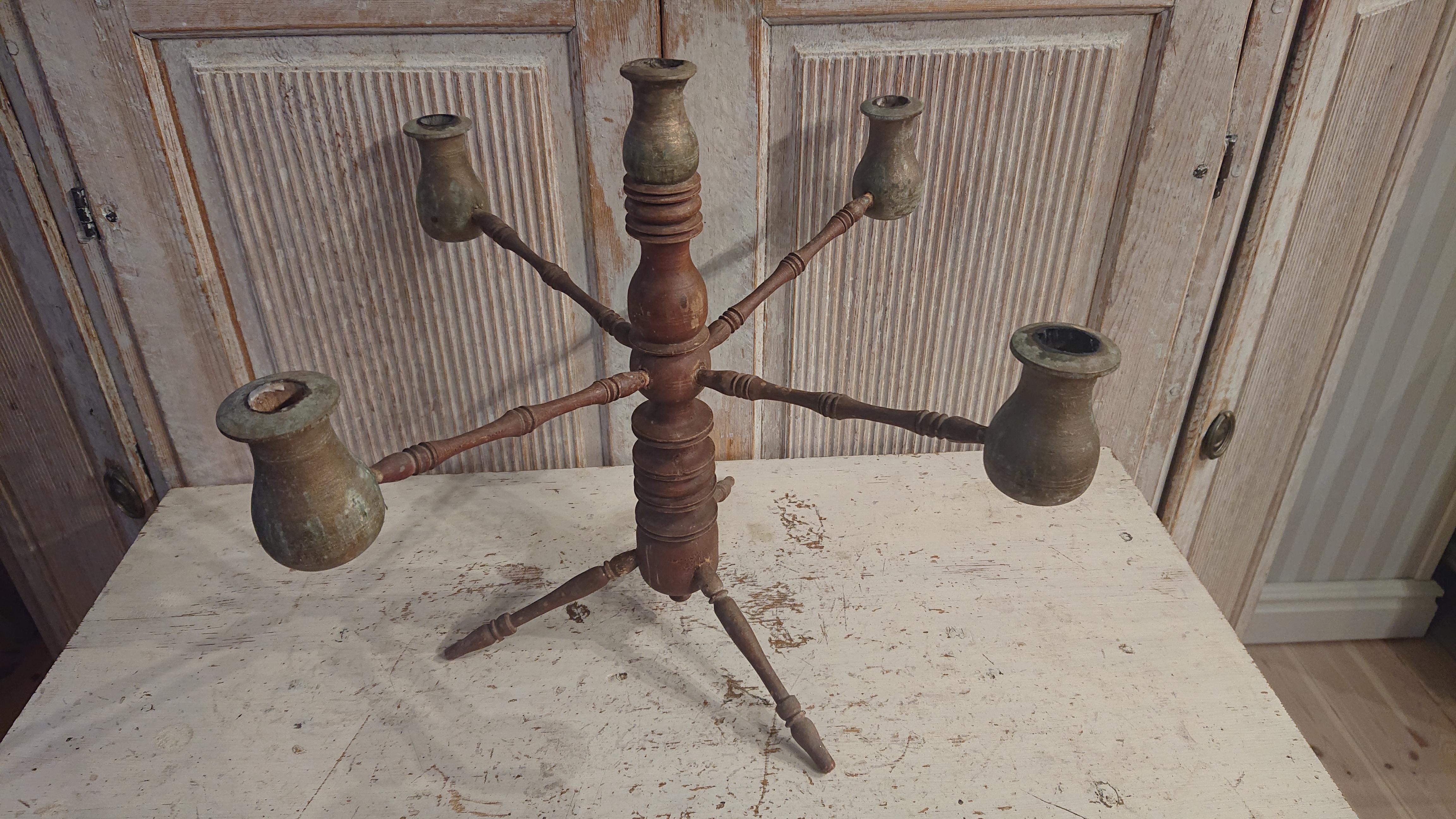 19th Century Swedish Folk Art Wooden Candelabra with Untouched Original Paint For Sale 7
