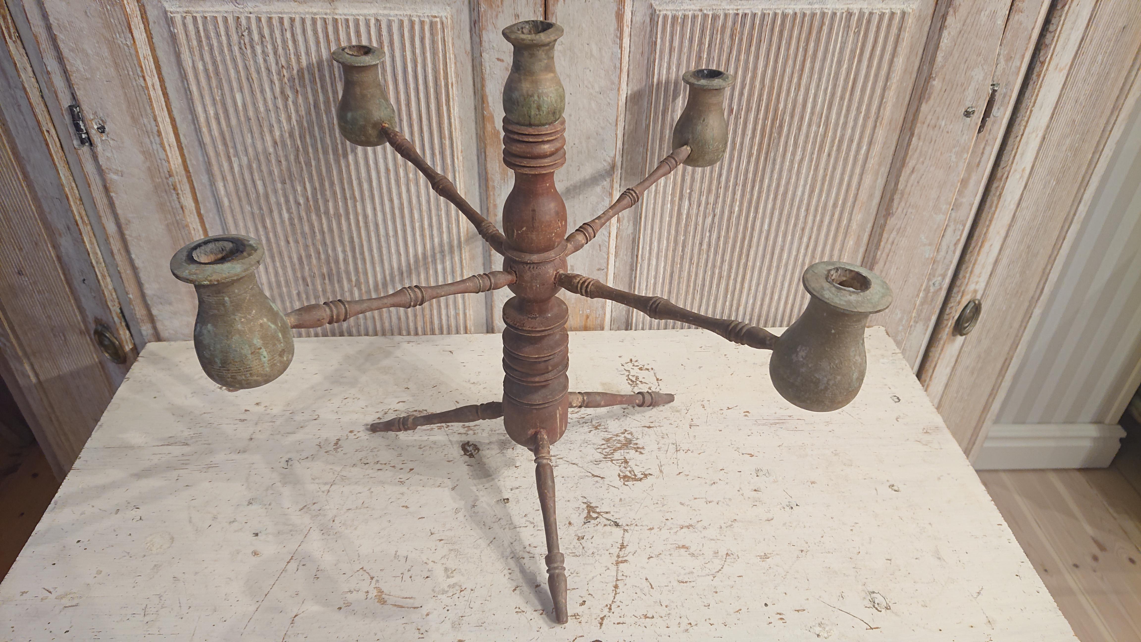 19th Century Swedish Folk Art Wooden Candelabra with Untouched Original Paint For Sale 8