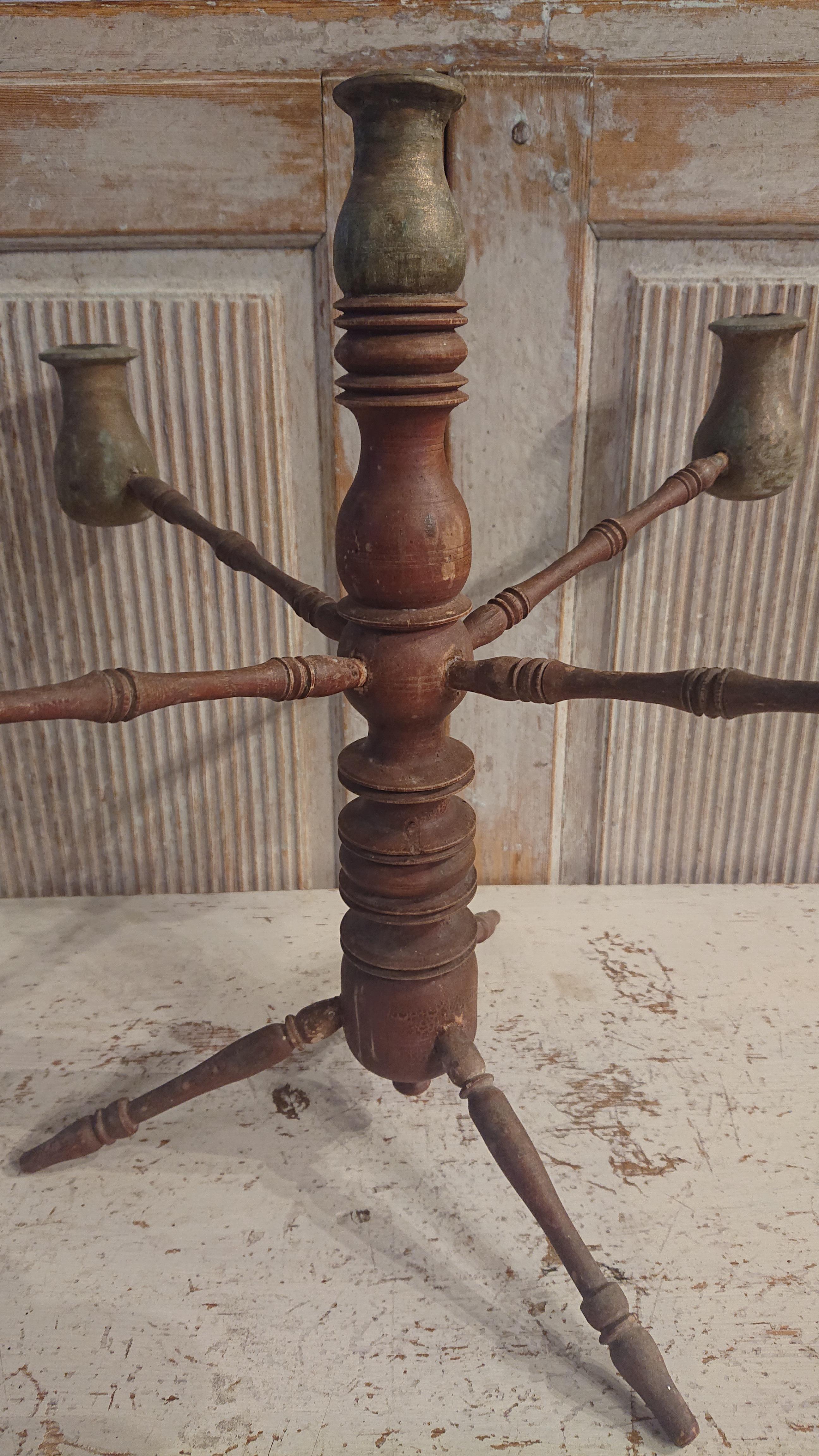 Hand-Carved 19th Century Swedish Folk Art Wooden Candelabra with Untouched Original Paint For Sale