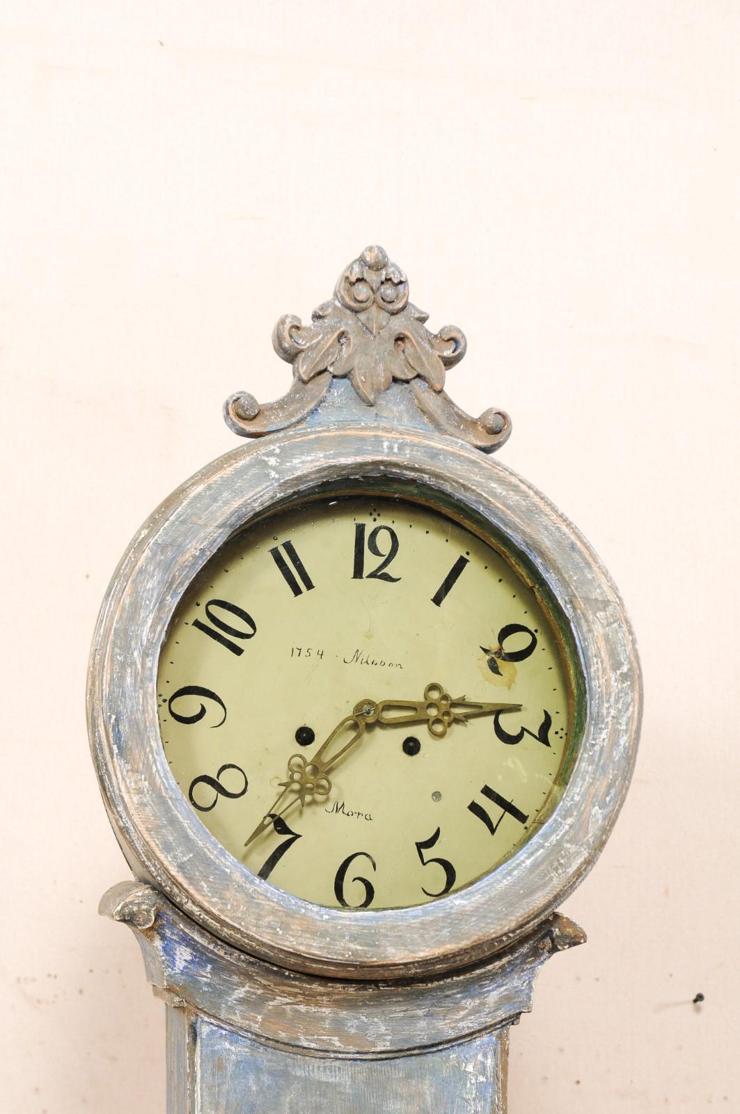 19th Century 19th C. Swedish Fryksdahl Floor Clock in Blue Hues with Nicely Carved Details