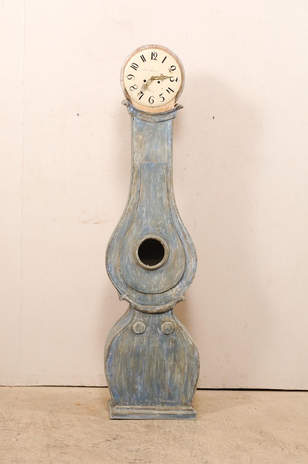 19th C. Swedish Fryksdahl Floor Clock in Blue Hues with Nicely Carved Details 1