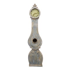19th C. Swedish Fryksdahl Floor Clock in Blue Hues with Nicely Carved Details