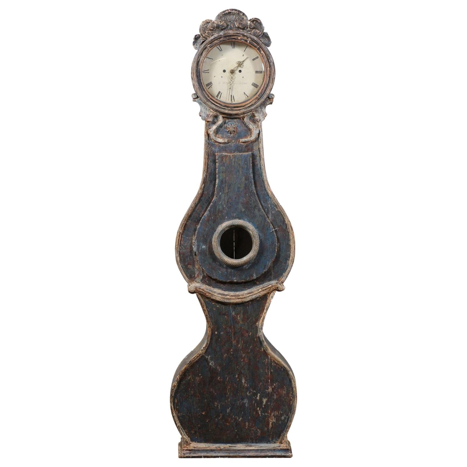 19th Century Swedish Fryksdahl Long-Case Clock, Curvy Body and Blue Palette