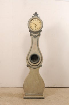 19th Century Swedish Fryksdahl Painted Wood Floor Clock with Carved Crest