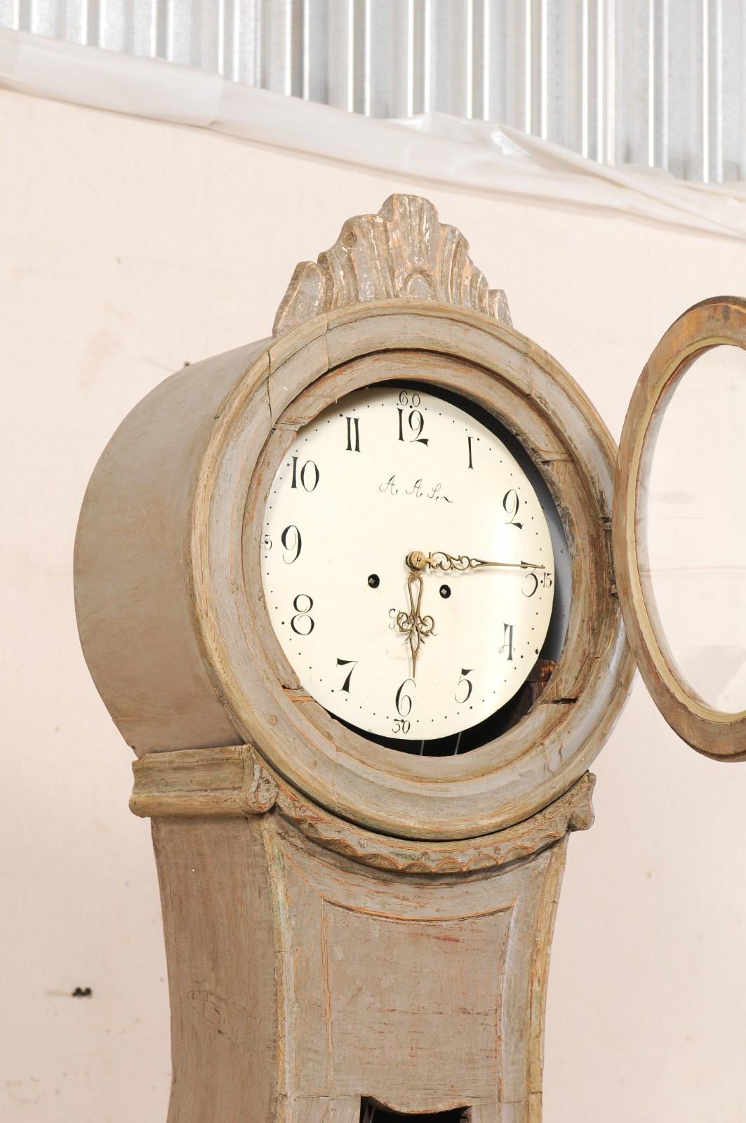 19th Century Swedish Fryksdahl Tall Painted Wood Floor Clock with Carved Crest 1