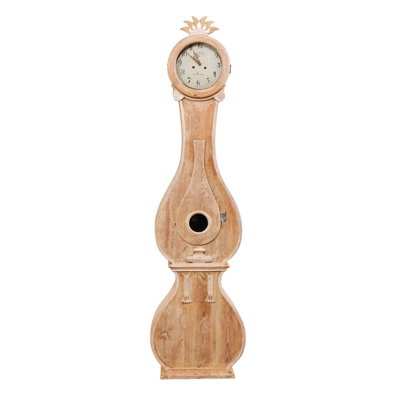 19th Century Swedish Fryksdahl Wood Floor Clock w/ Cheerful Sun Ray Carved Crest