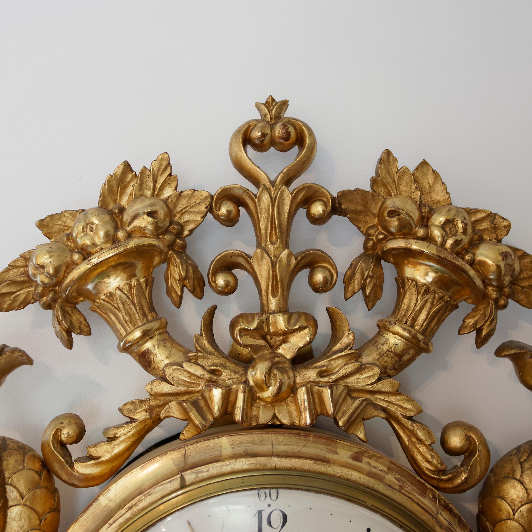 Empire 19th Century Swedish Gilded Wall Clock with Dolphins, Signed Ericsson Stockholm For Sale