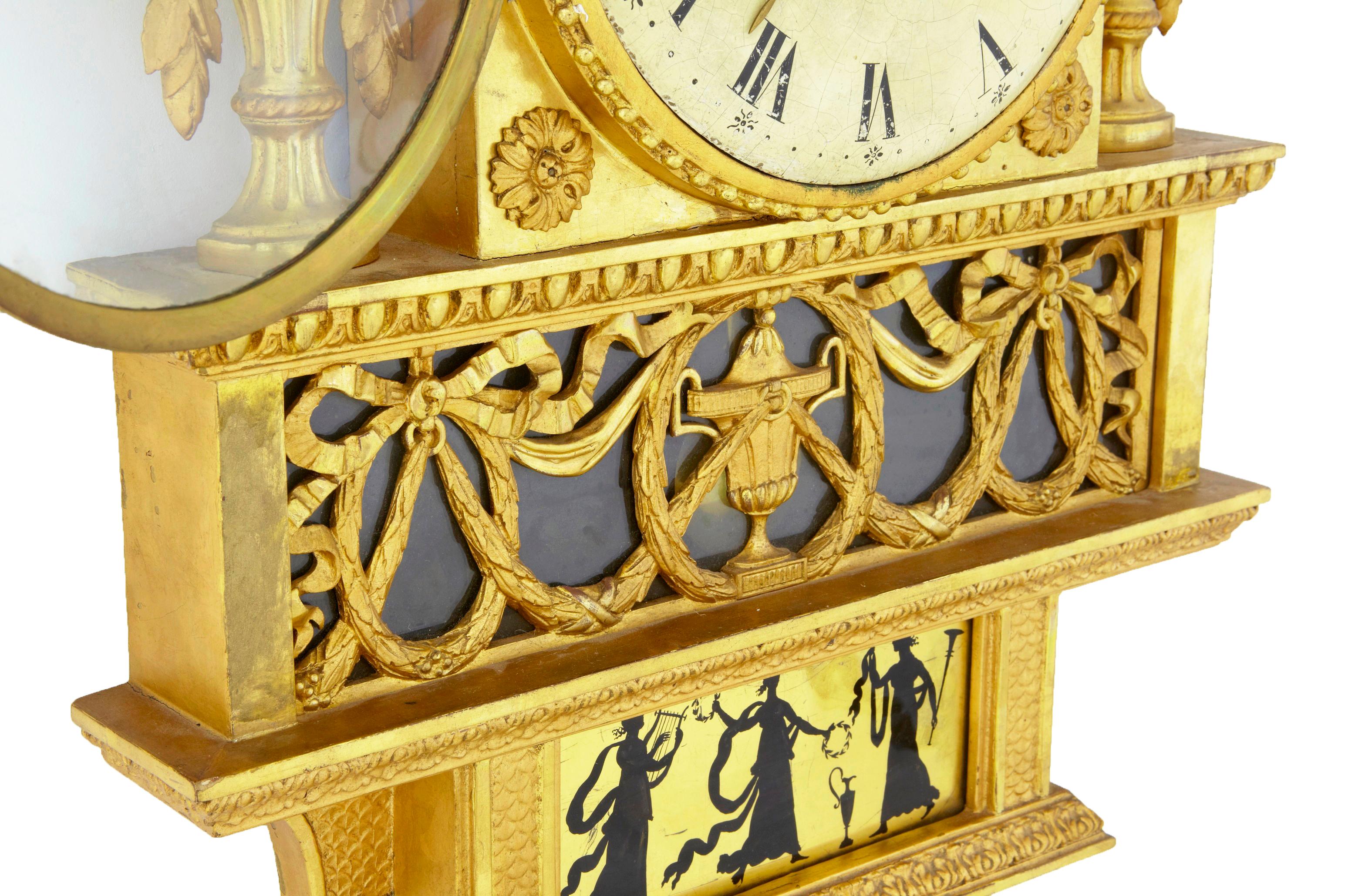 19th Century 19th century Swedish gilt and eglomise ornate wall clock For Sale