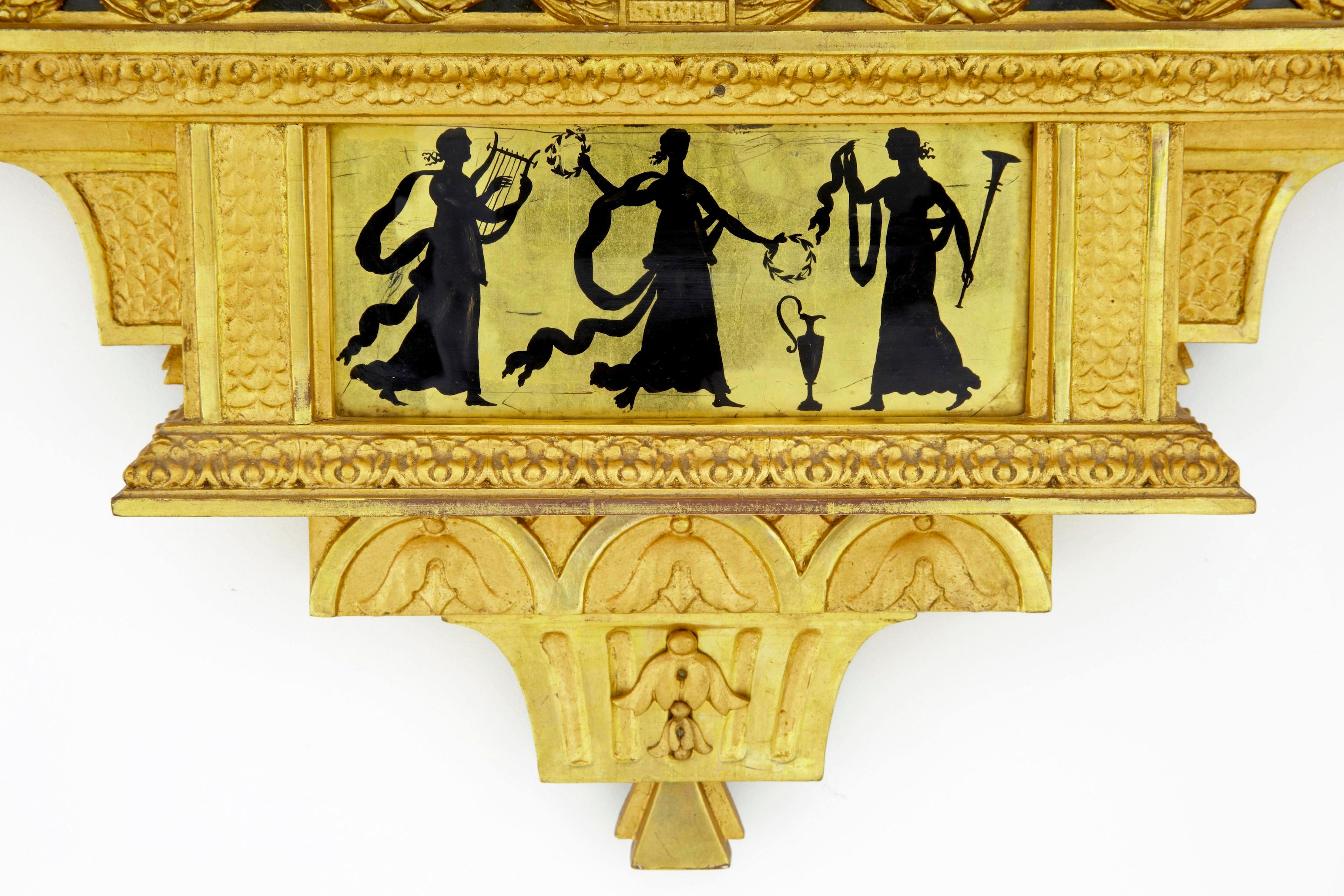 Brass 19th century Swedish gilt and eglomise ornate wall clock For Sale