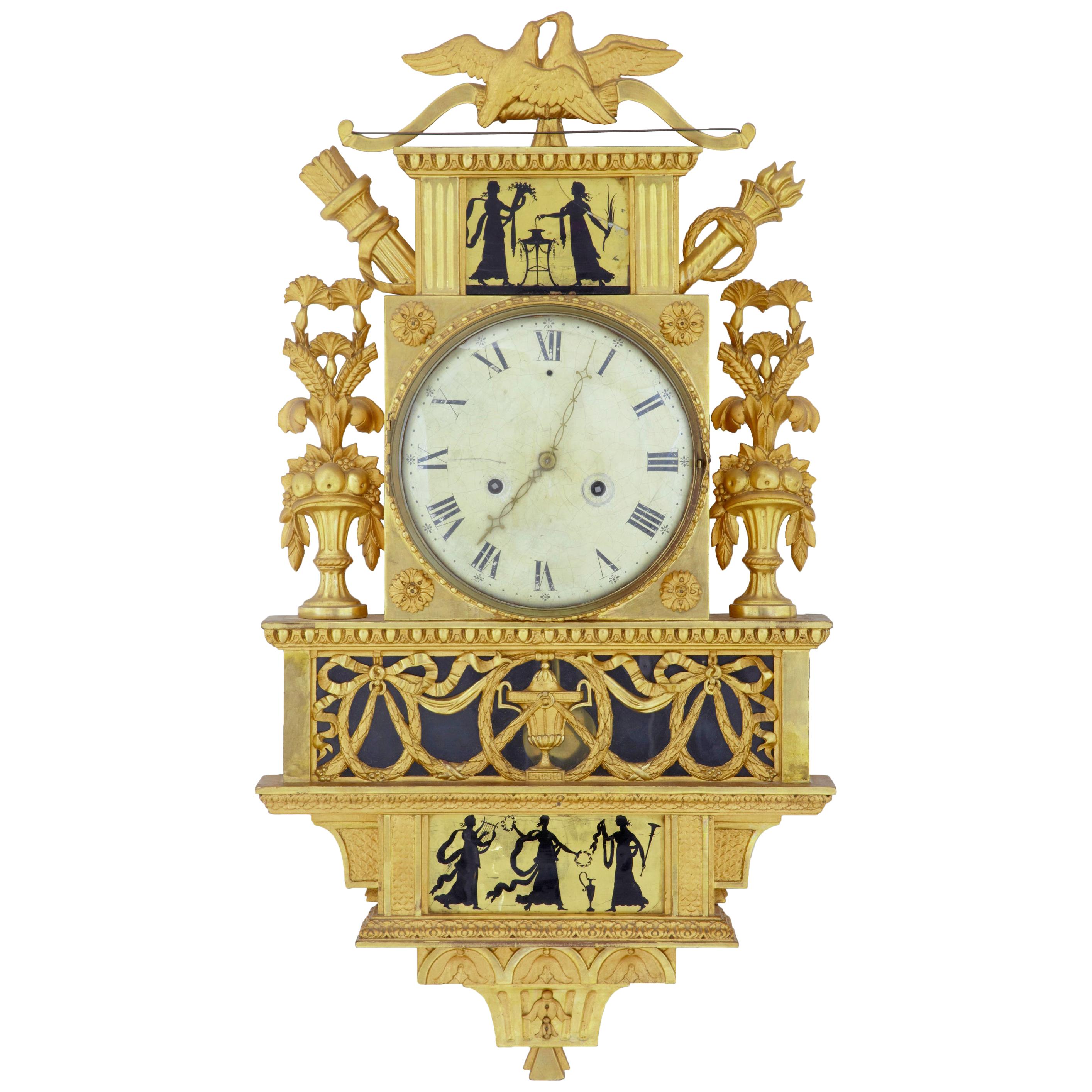 19th Century Swedish Gilt and Églomisé Ornate Wall Clock