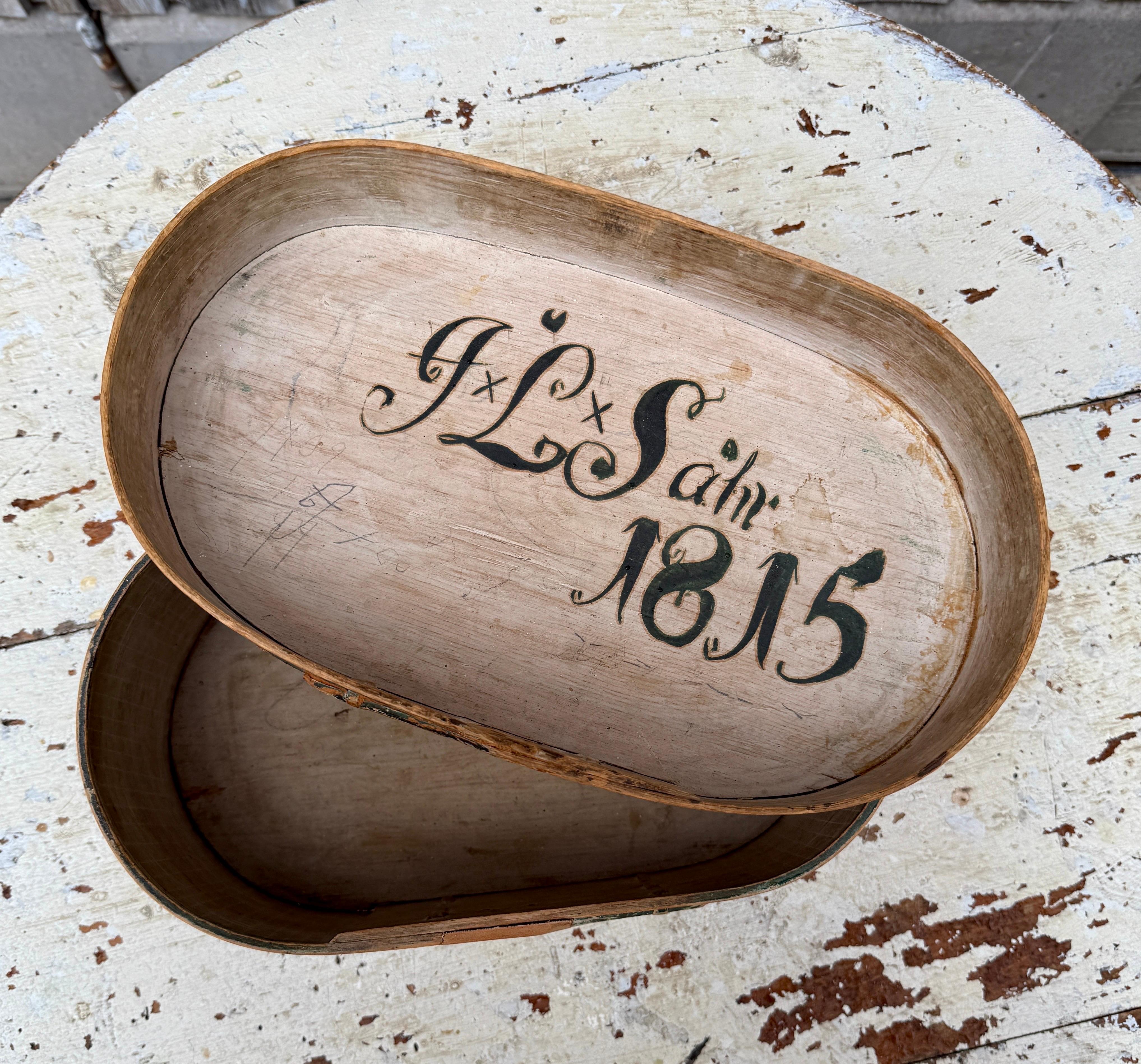 Hand-Crafted 19th Century Swedish Green Painted Box Dated 1815 For Sale