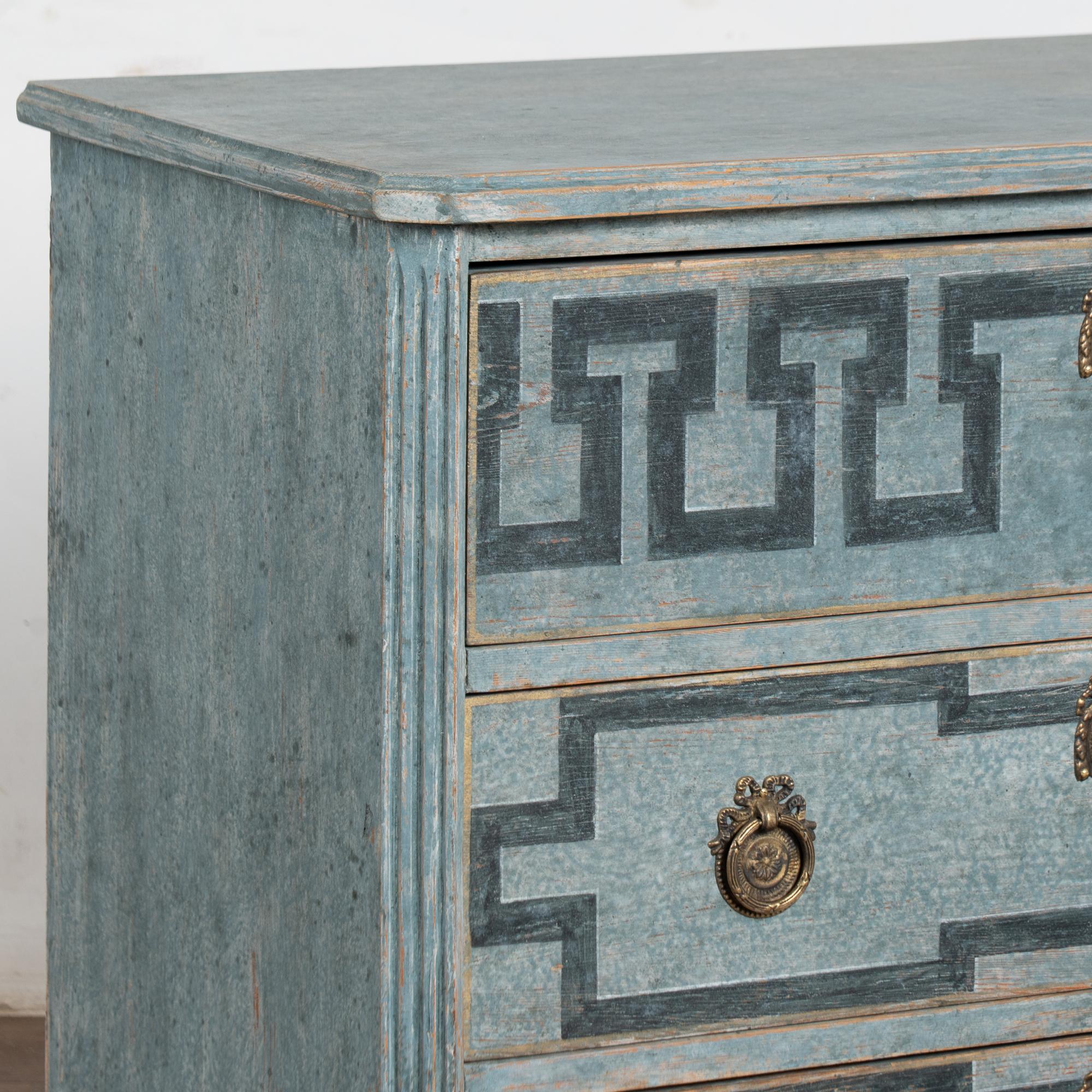 19th Century Swedish Gustavian Blue Chest of Three Drawers with Greek Key Design For Sale 6
