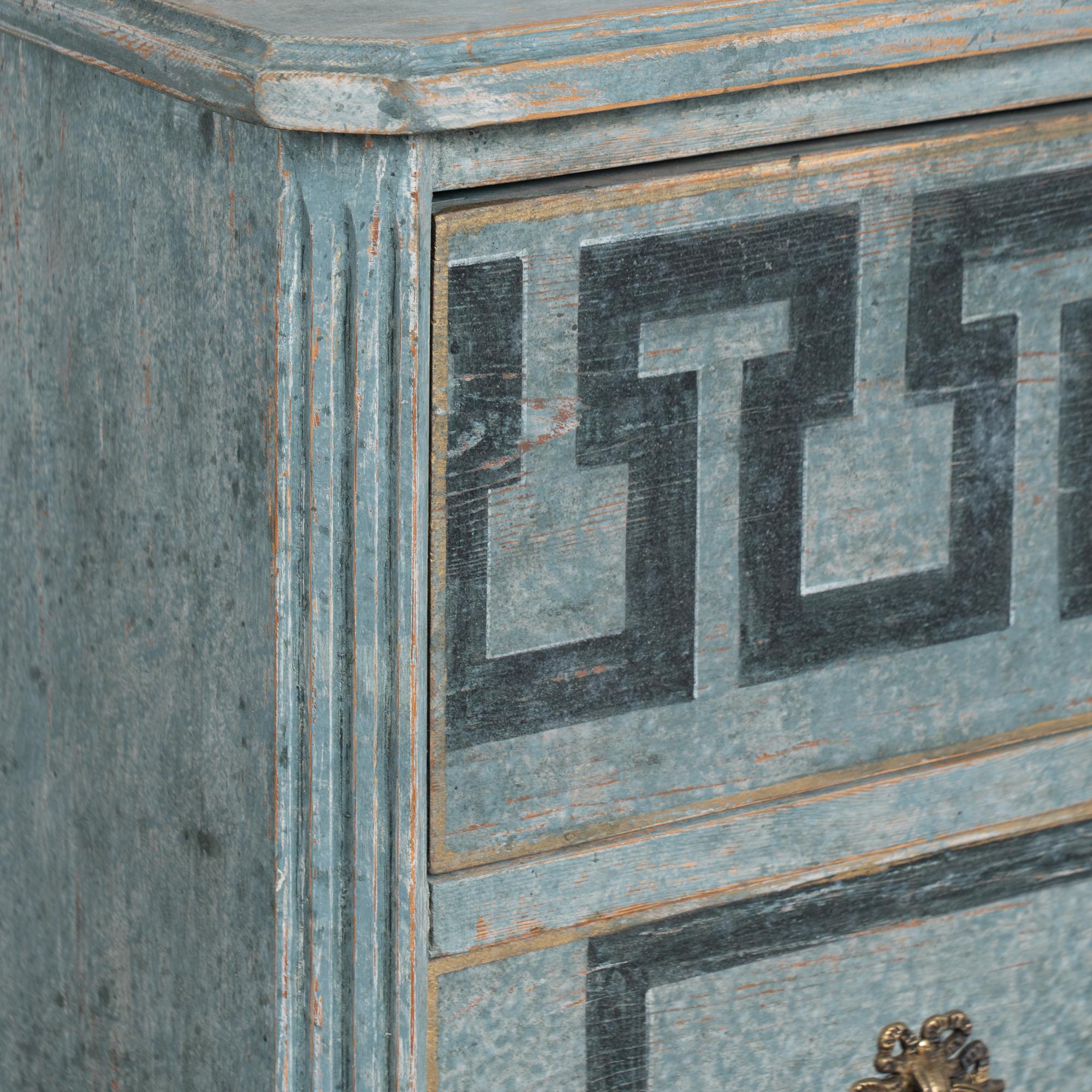 19th Century Swedish Gustavian Blue Chest of Three Drawers with Greek Key Design For Sale 7
