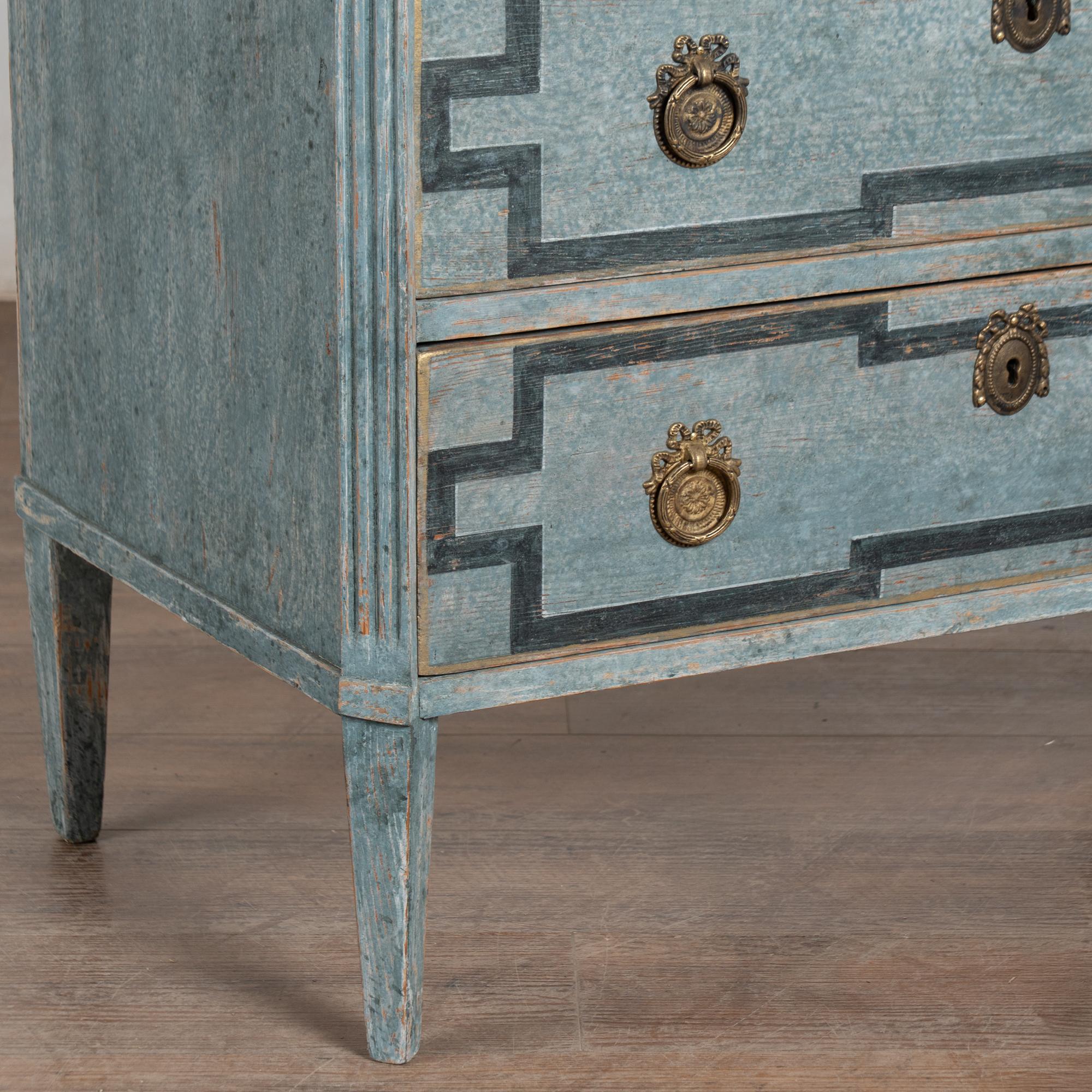 19th Century Swedish Gustavian Blue Chest of Three Drawers with Greek Key Design For Sale 8