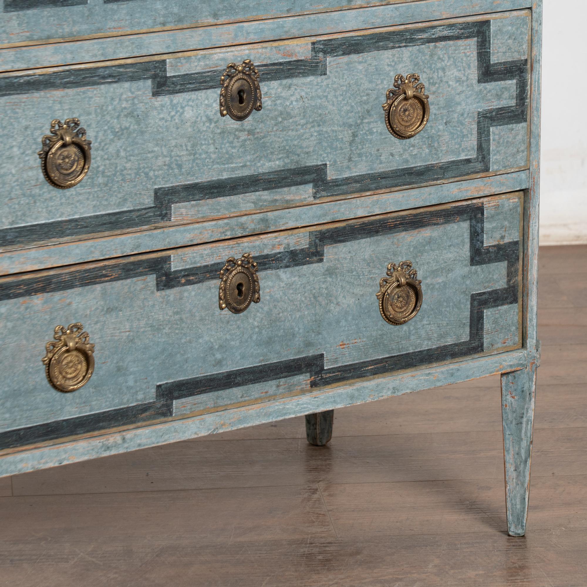 19th Century Swedish Gustavian Blue Chest of Three Drawers with Greek Key Design For Sale 9