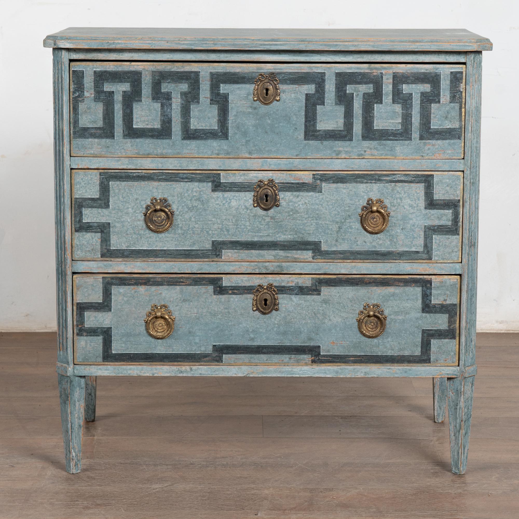 Brass 19th Century Swedish Gustavian Blue Chest of Three Drawers with Greek Key Design For Sale